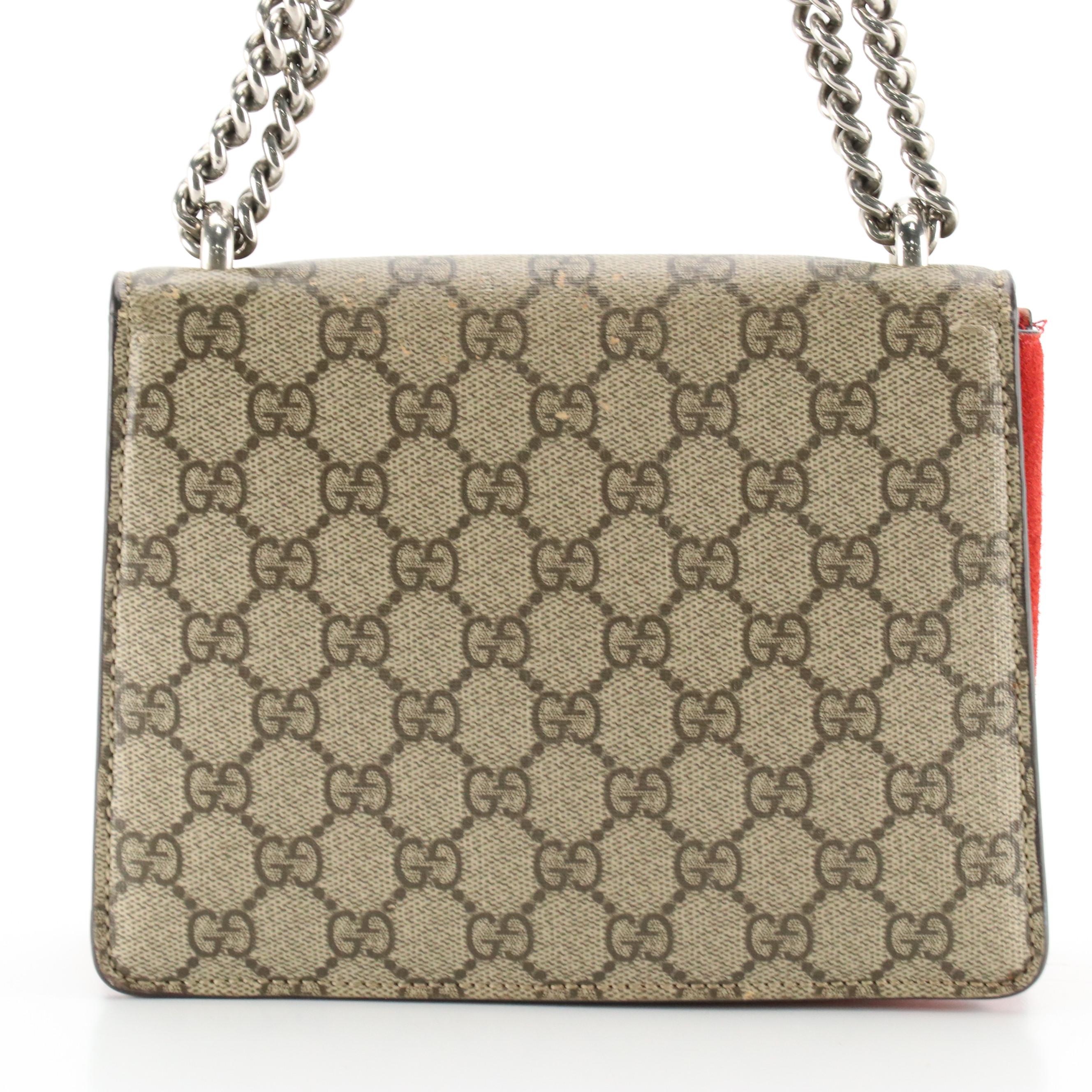 Gucci Small Dionysus Shoulder Bag in GG Supreme Canvas and Red Suede