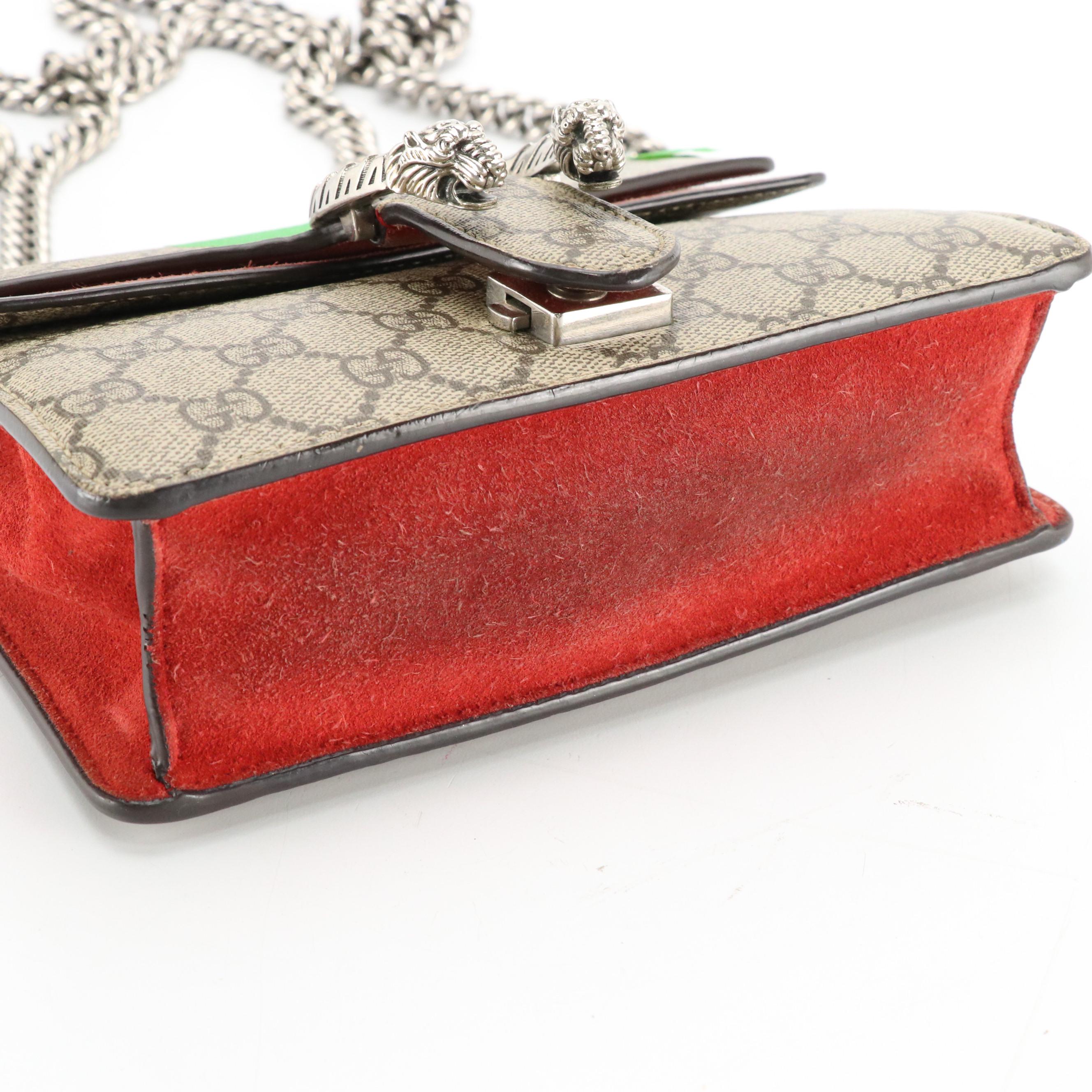 Gucci Small Dionysus Shoulder Bag in GG Supreme Canvas and Red Suede