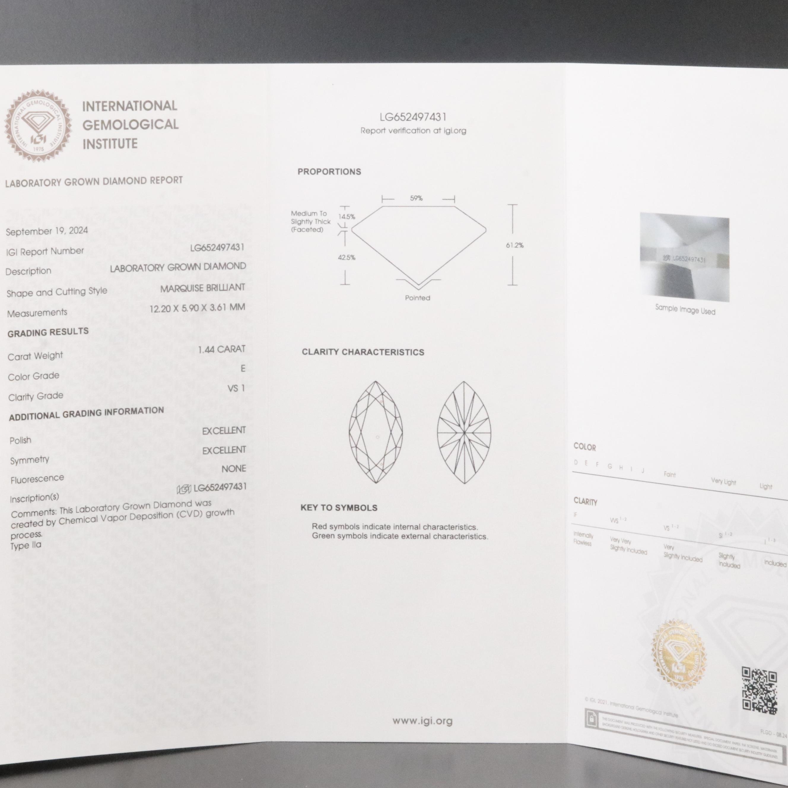 Loose 1.44 CT Lab Grown Diamond with IGI Report