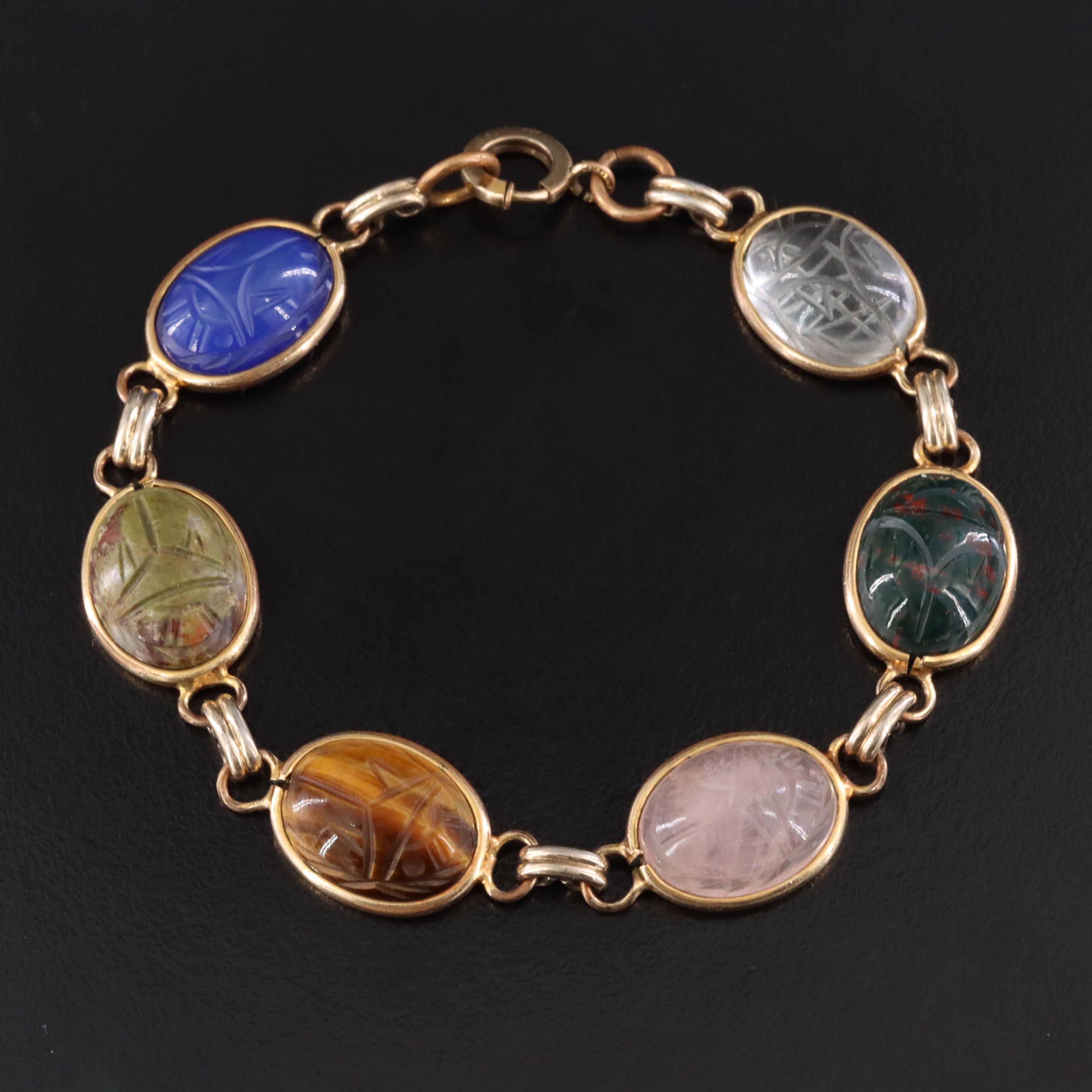 Vintage Gold-Filled Scarab Gemstone Bracelet Including Bloodstone & Rock Crystal