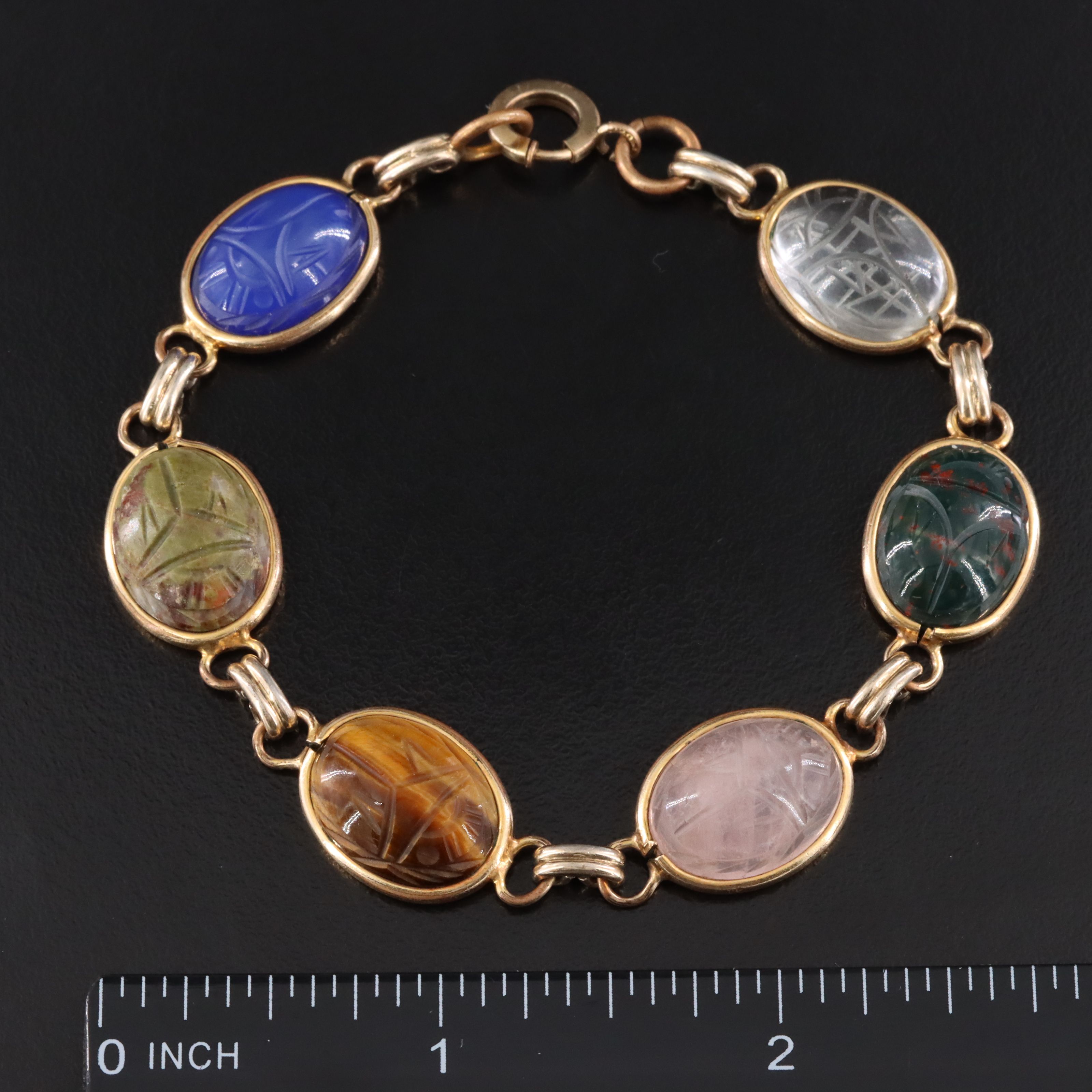 Vintage Gold-Filled Scarab Gemstone Bracelet Including Bloodstone & Rock Crystal