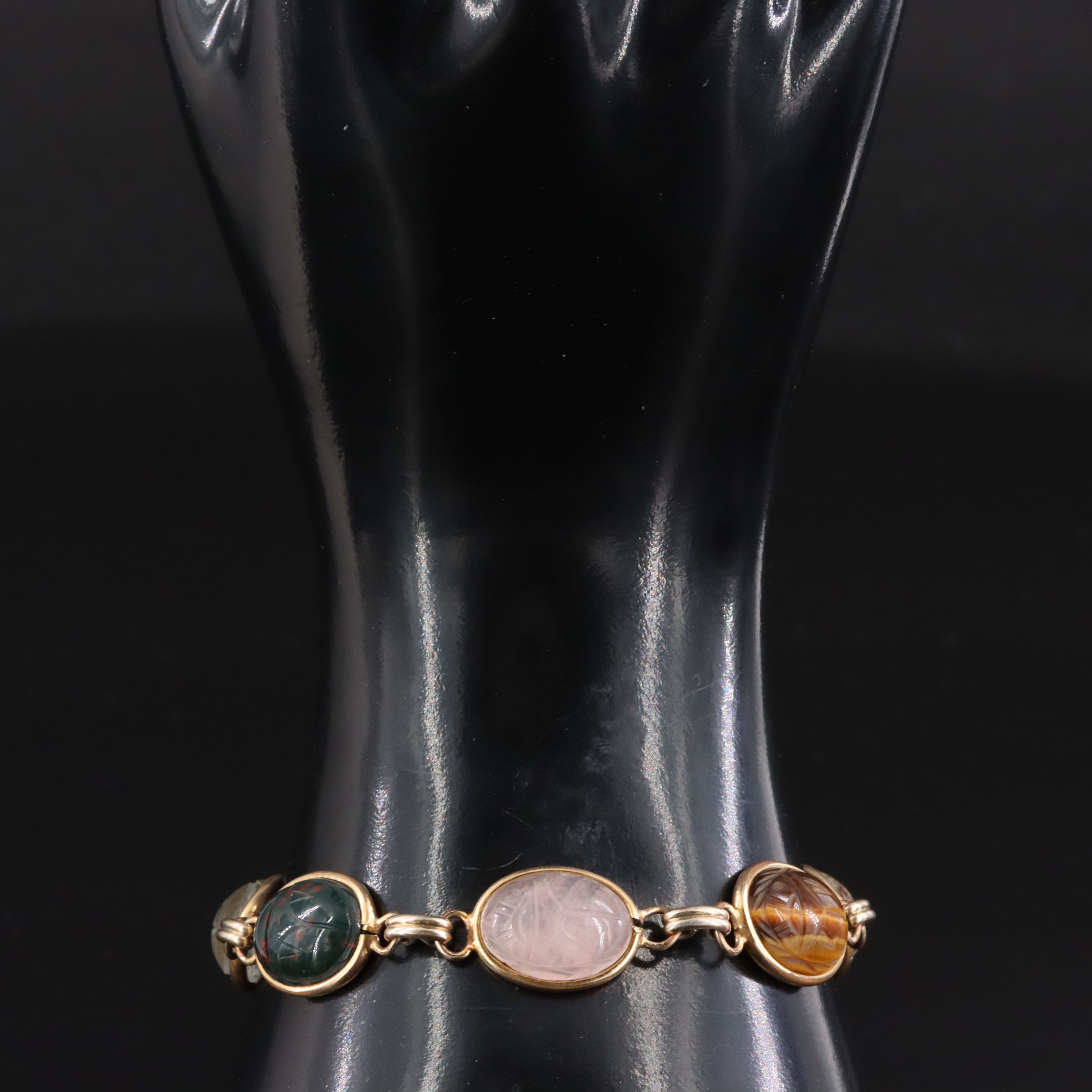 Vintage Gold-Filled Scarab Gemstone Bracelet Including Bloodstone & Rock Crystal