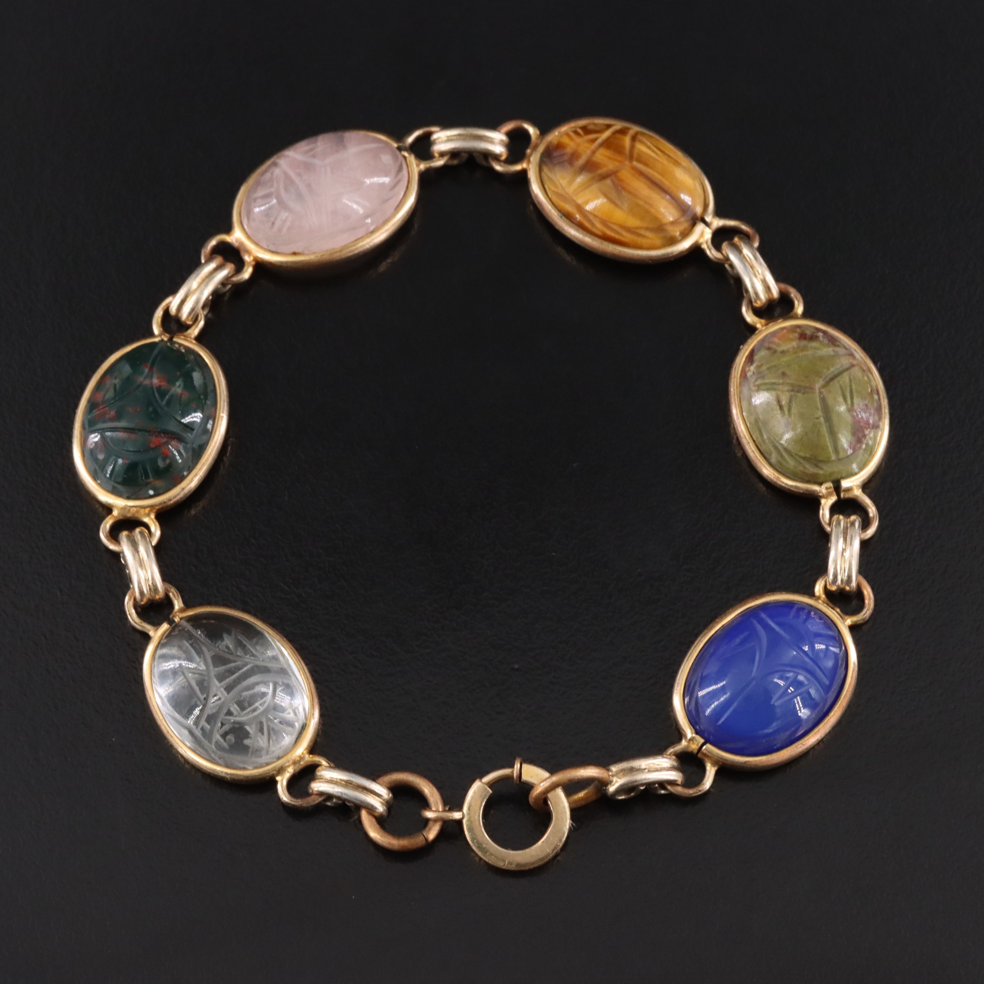 Vintage Gold-Filled Scarab Gemstone Bracelet Including Bloodstone & Rock Crystal