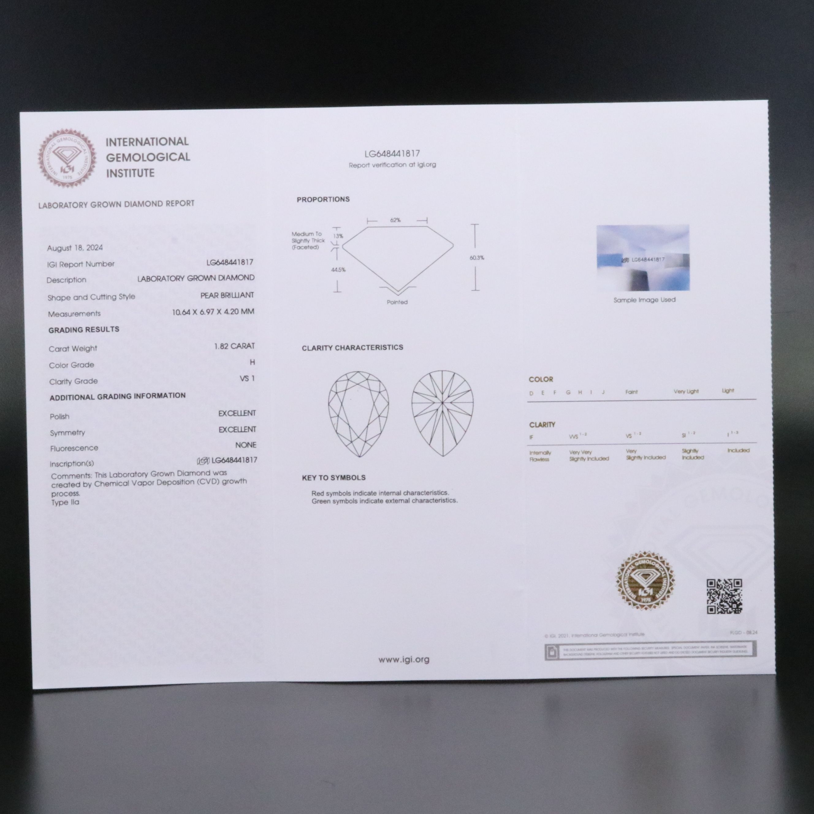 Loose 1.82 CT Lab Grown Diamond with IGI Report