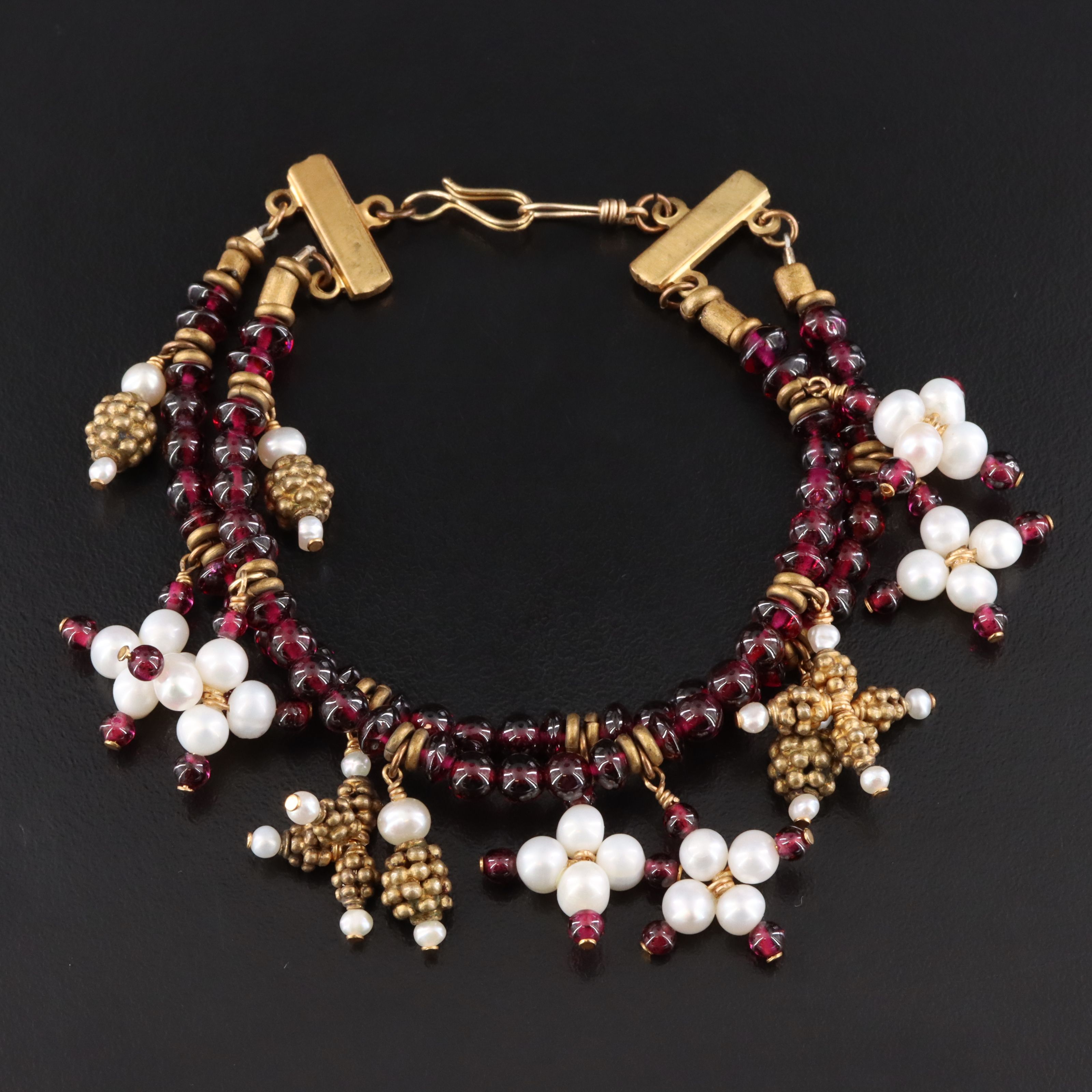 Double Strand Garnet and Pearl Cross Bracelet