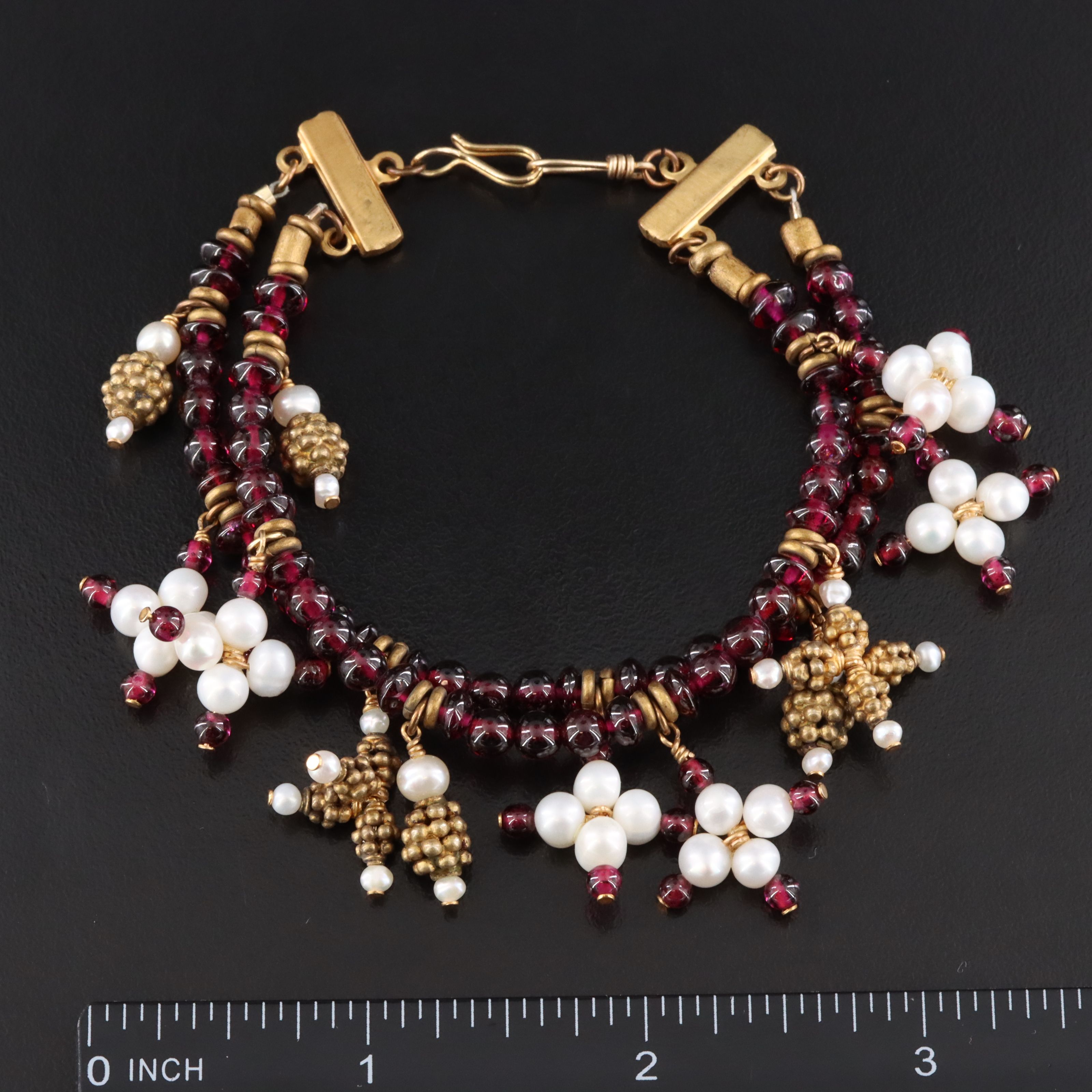 Double Strand Garnet and Pearl Cross Bracelet