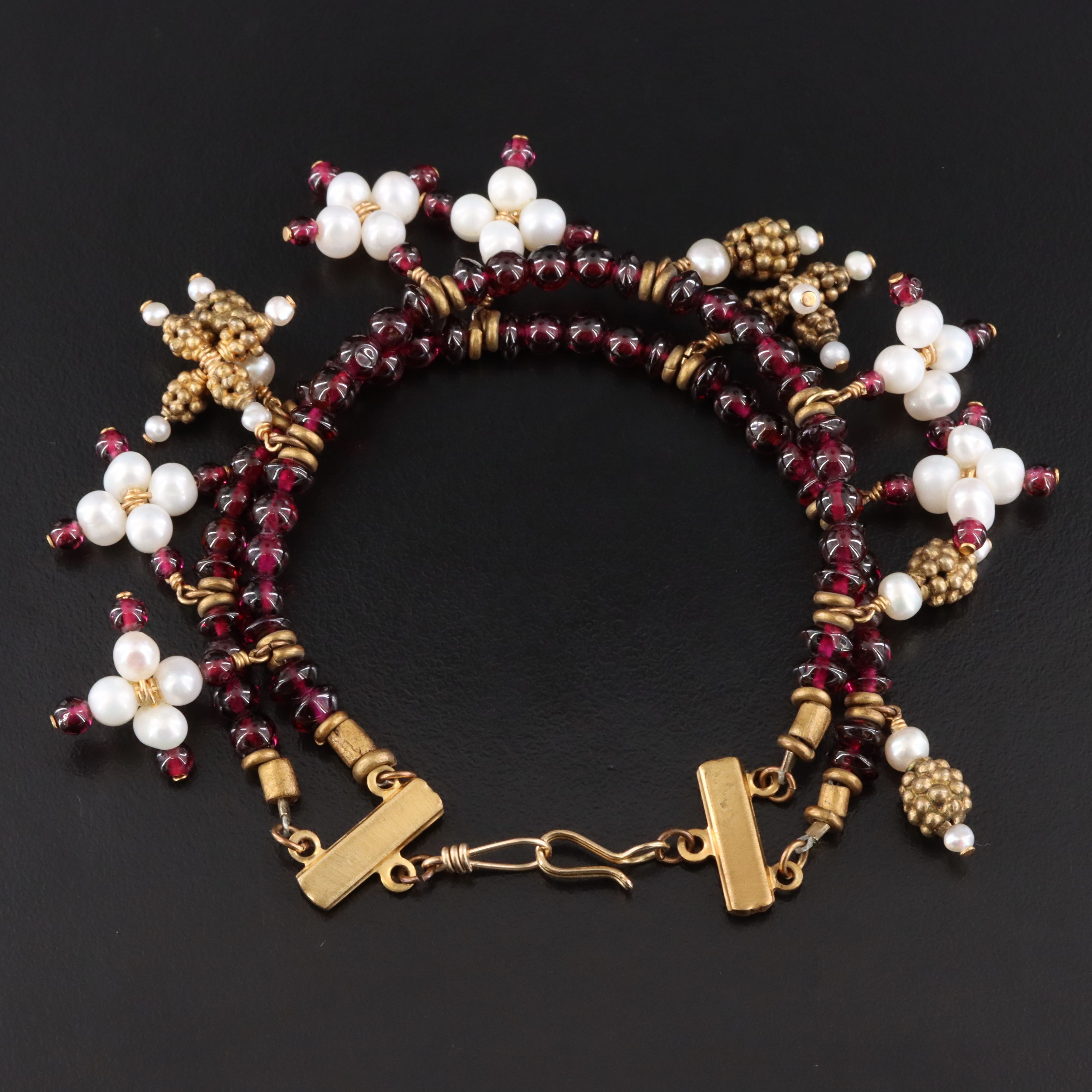 Double Strand Garnet and Pearl Cross Bracelet