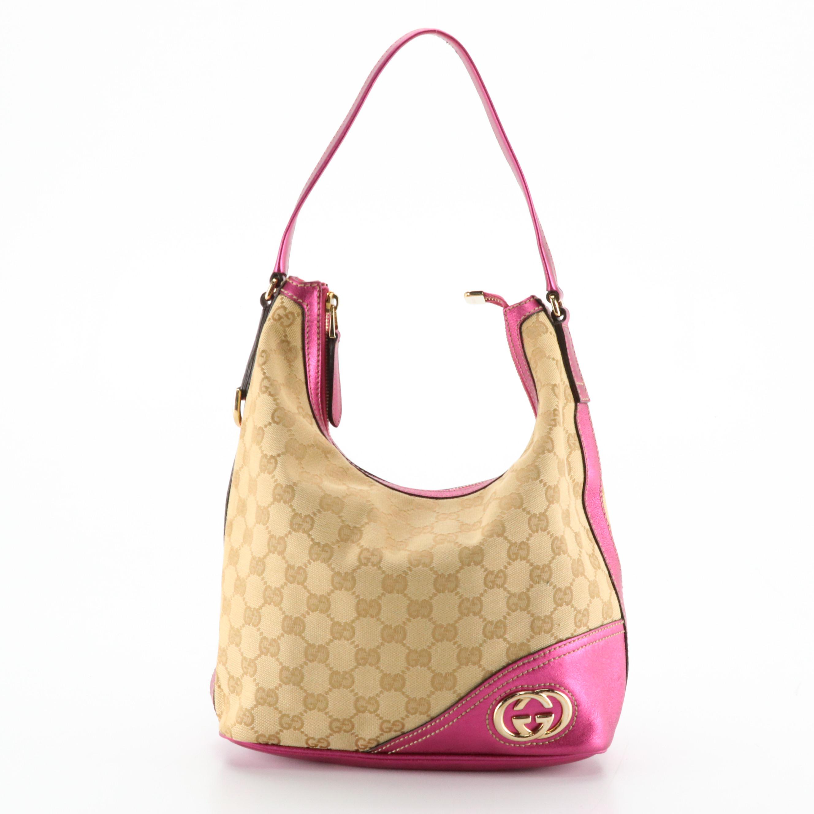 Gucci Britt Hobo Shoulder Bag in Brown GG Canvas and Metallic Pink Leather Trim