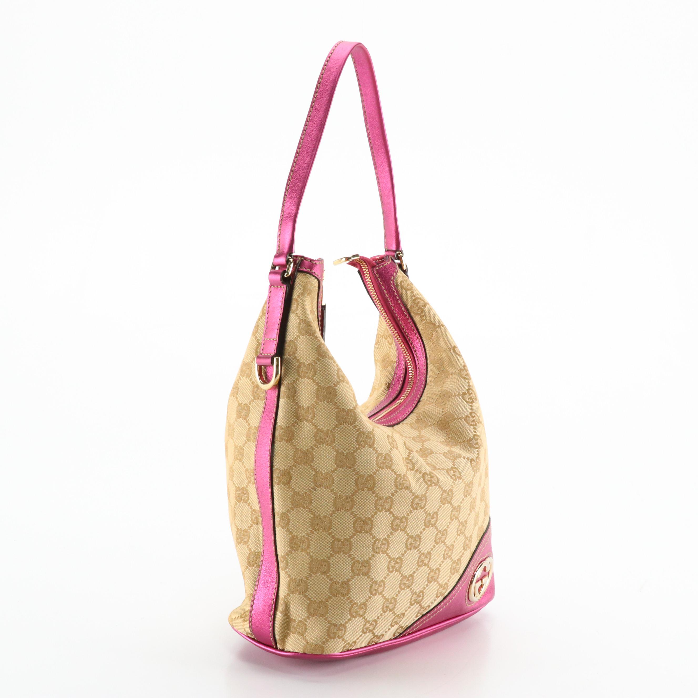 Gucci Britt Hobo Shoulder Bag in Brown GG Canvas and Metallic Pink Leather Trim