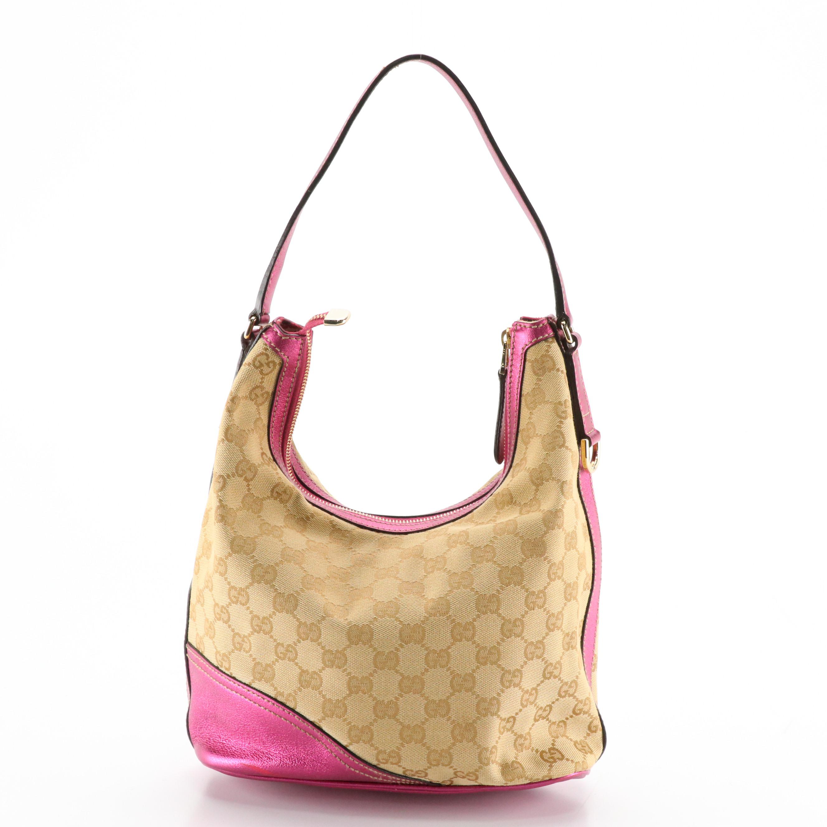 Gucci Britt Hobo Shoulder Bag in Brown GG Canvas and Metallic Pink Leather Trim