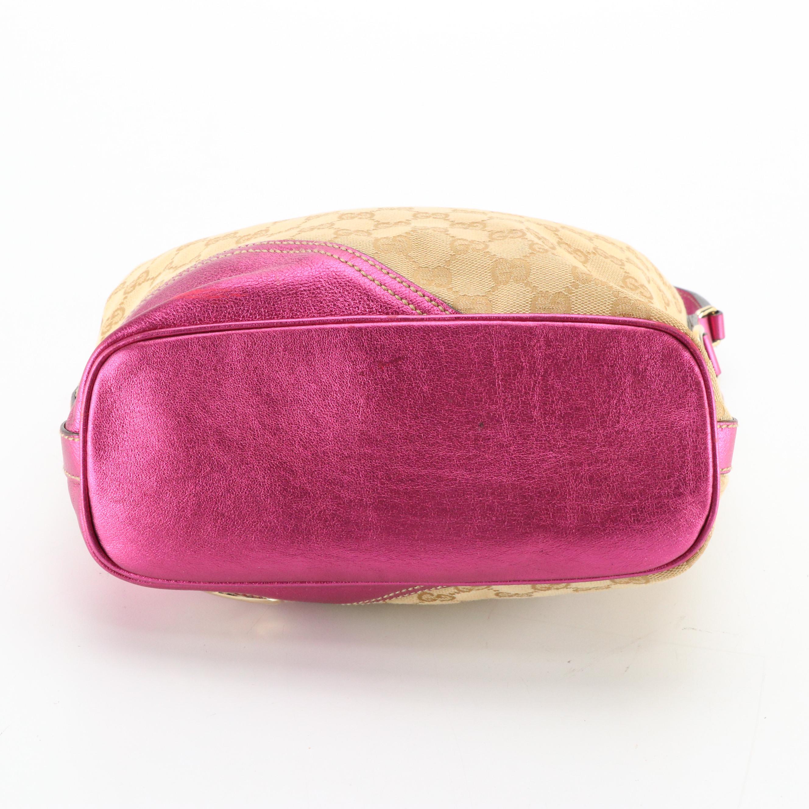 Gucci Britt Hobo Shoulder Bag in Brown GG Canvas and Metallic Pink Leather Trim