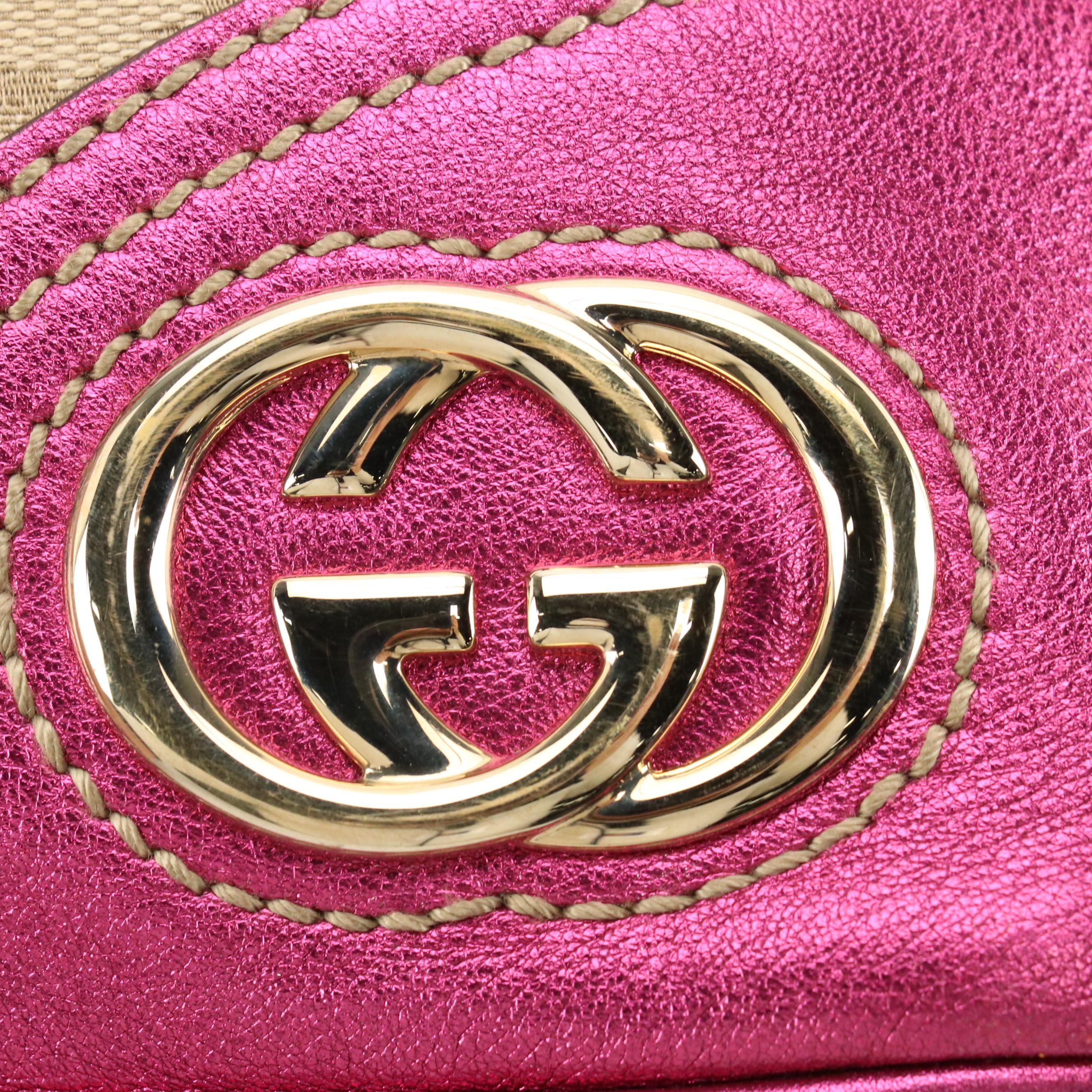 Gucci Britt Hobo Shoulder Bag in Brown GG Canvas and Metallic Pink Leather Trim