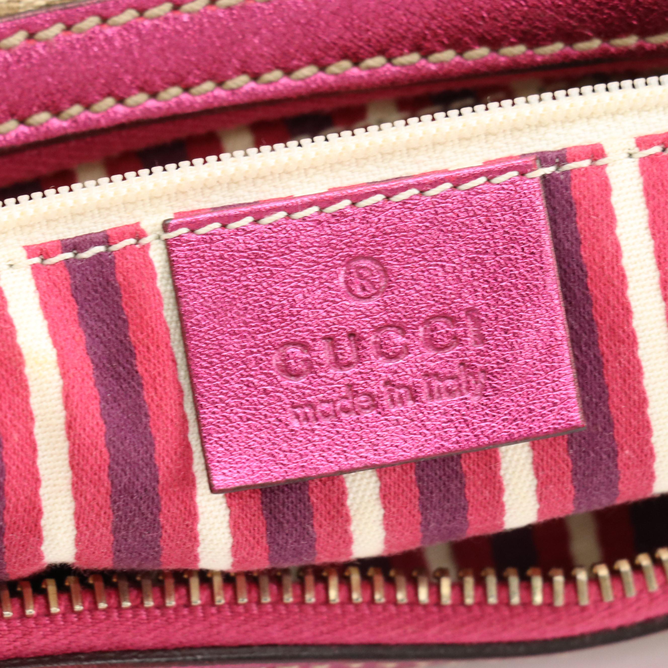 Gucci Britt Hobo Shoulder Bag in Brown GG Canvas and Metallic Pink Leather Trim