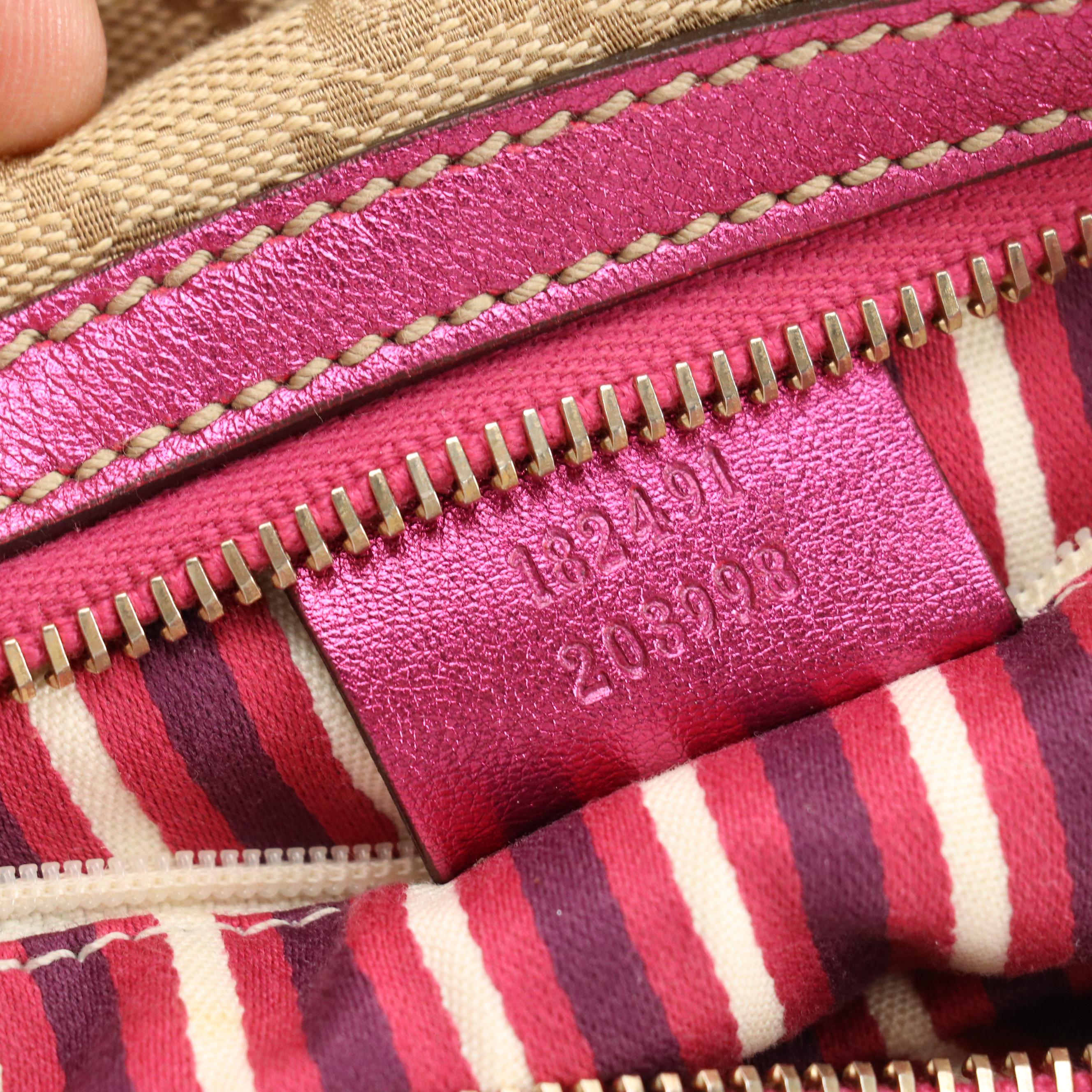 Gucci Britt Hobo Shoulder Bag in Brown GG Canvas and Metallic Pink Leather Trim