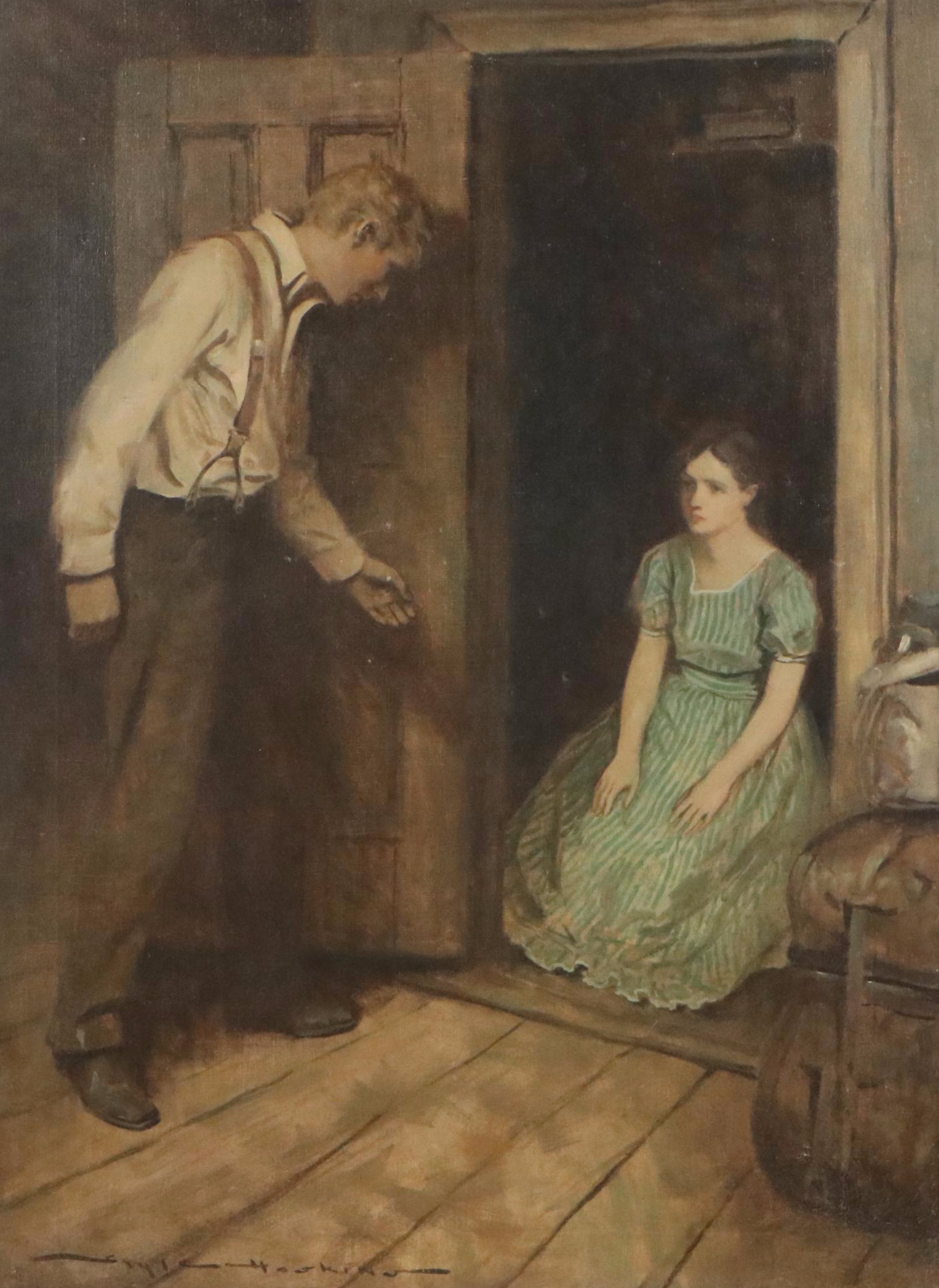 Gayle Hoskins Genre Oil Painting of Boy and Girl, 20th Century