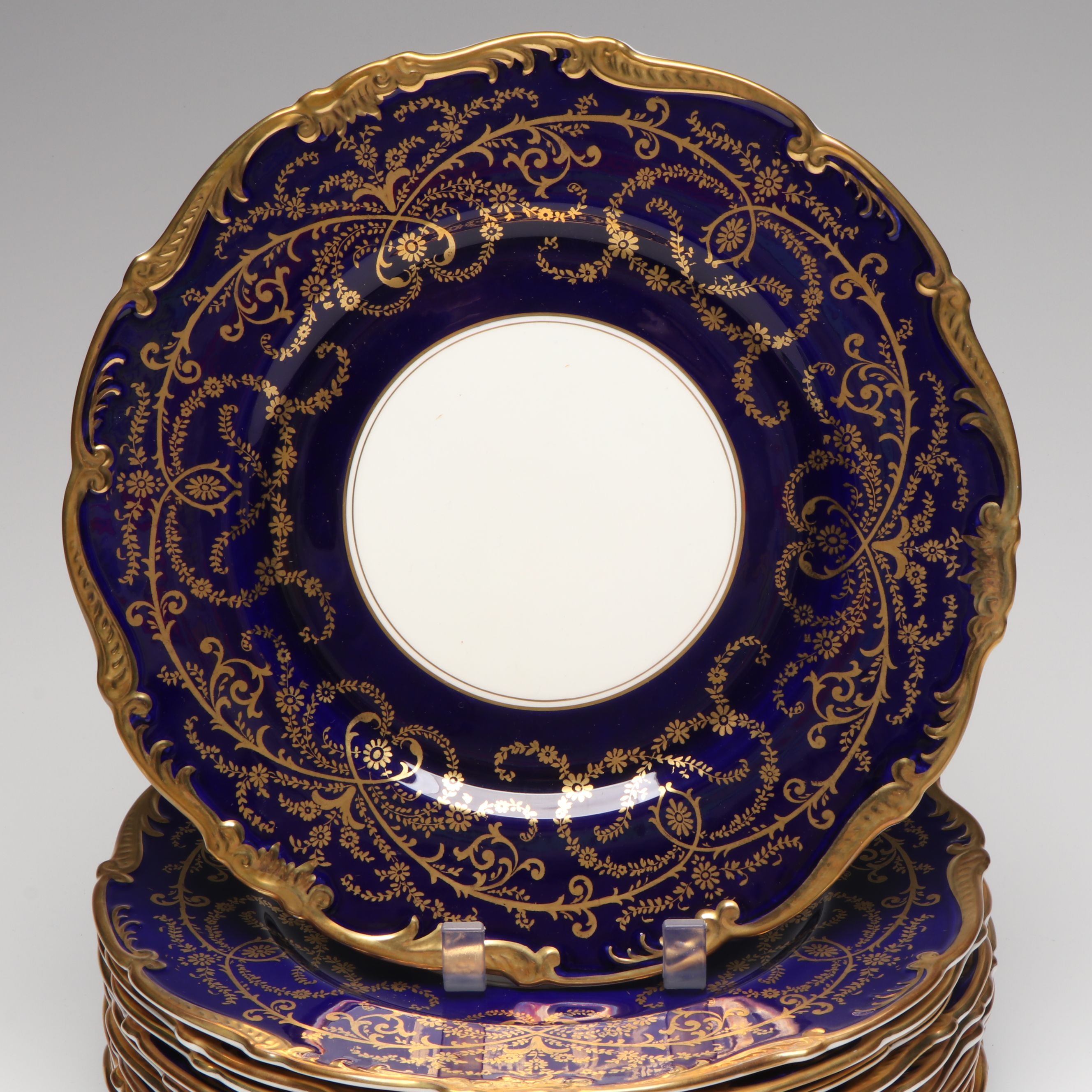 Coalport Bone China Gilt and Cobalt Border "Anniversary" Plates, 20th Century
