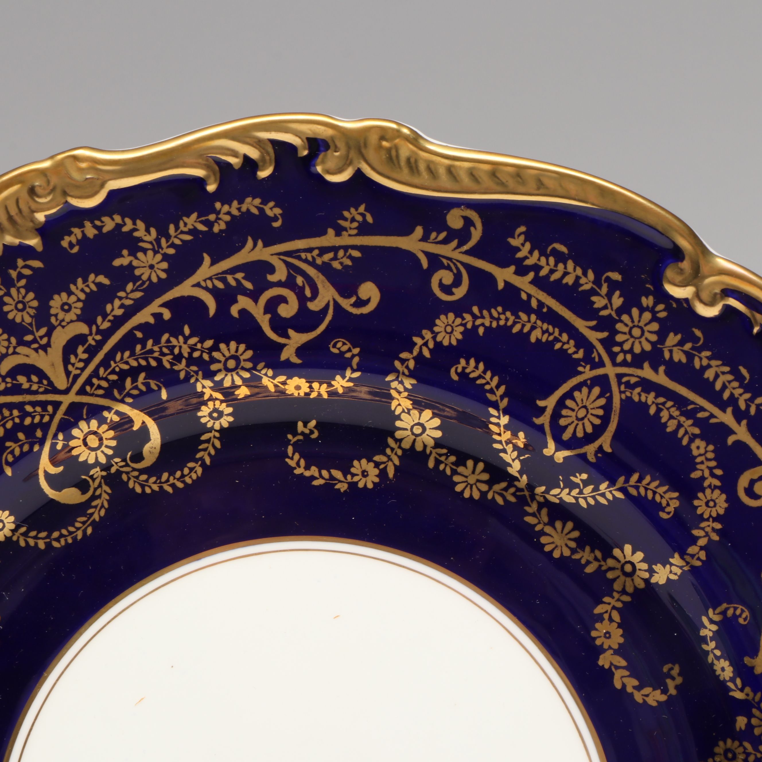Coalport Bone China Gilt and Cobalt Border "Anniversary" Plates, 20th Century