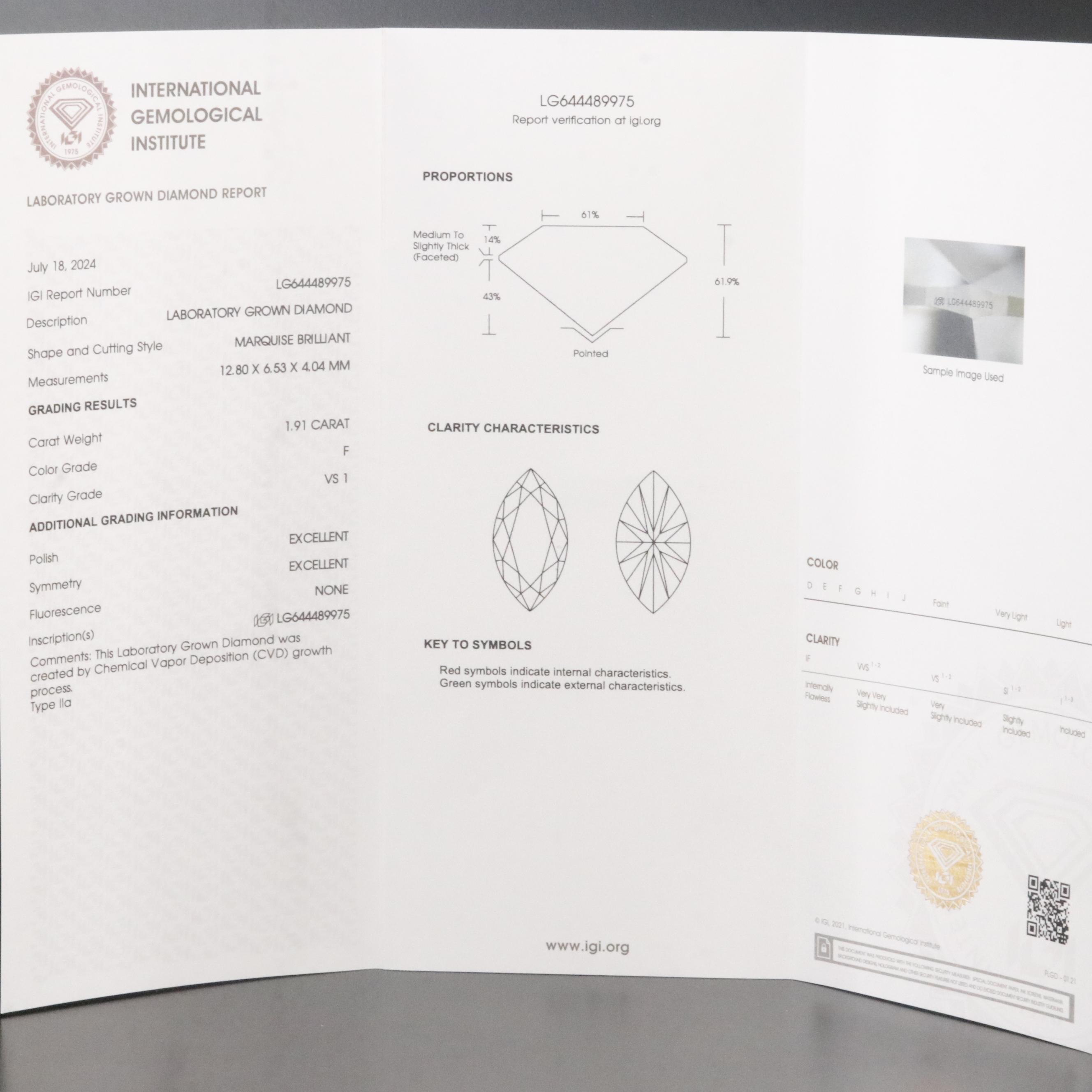 Loose 1.91 CT Lab Grown Diamond with IGI Report