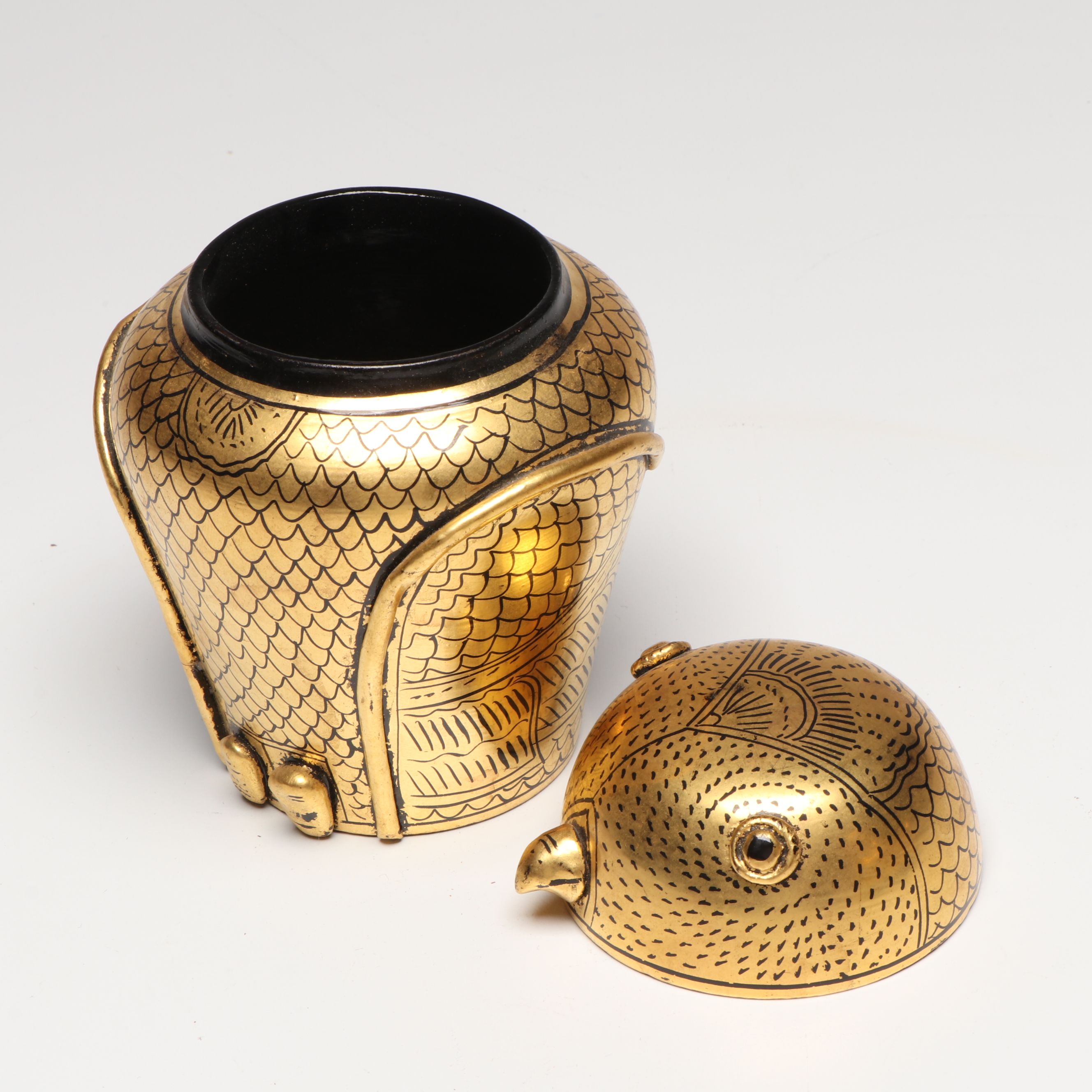 Burmese Gilt Lacquerware Duck Boxes and Owl Jar