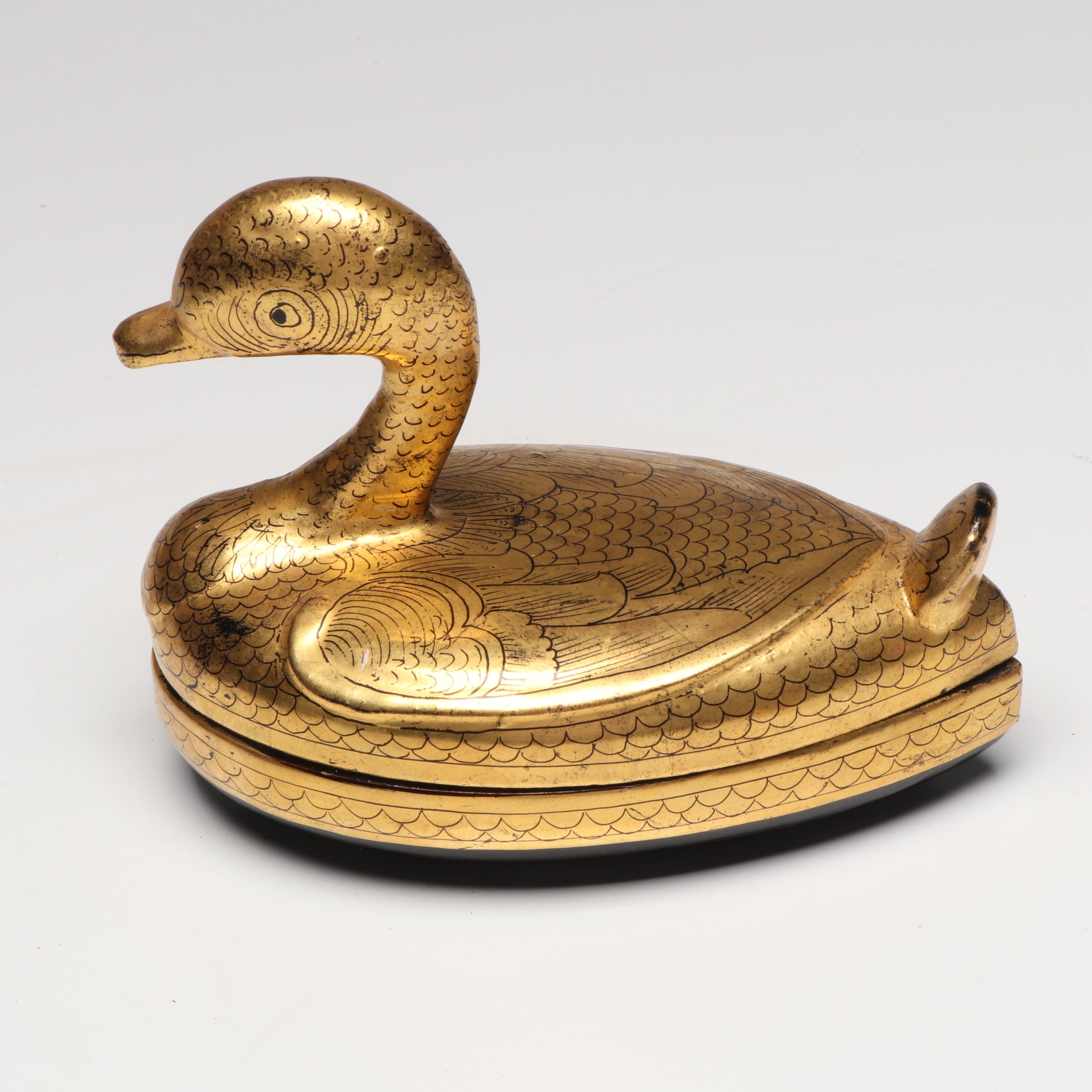 Burmese Gilt Lacquerware Duck Boxes and Owl Jar