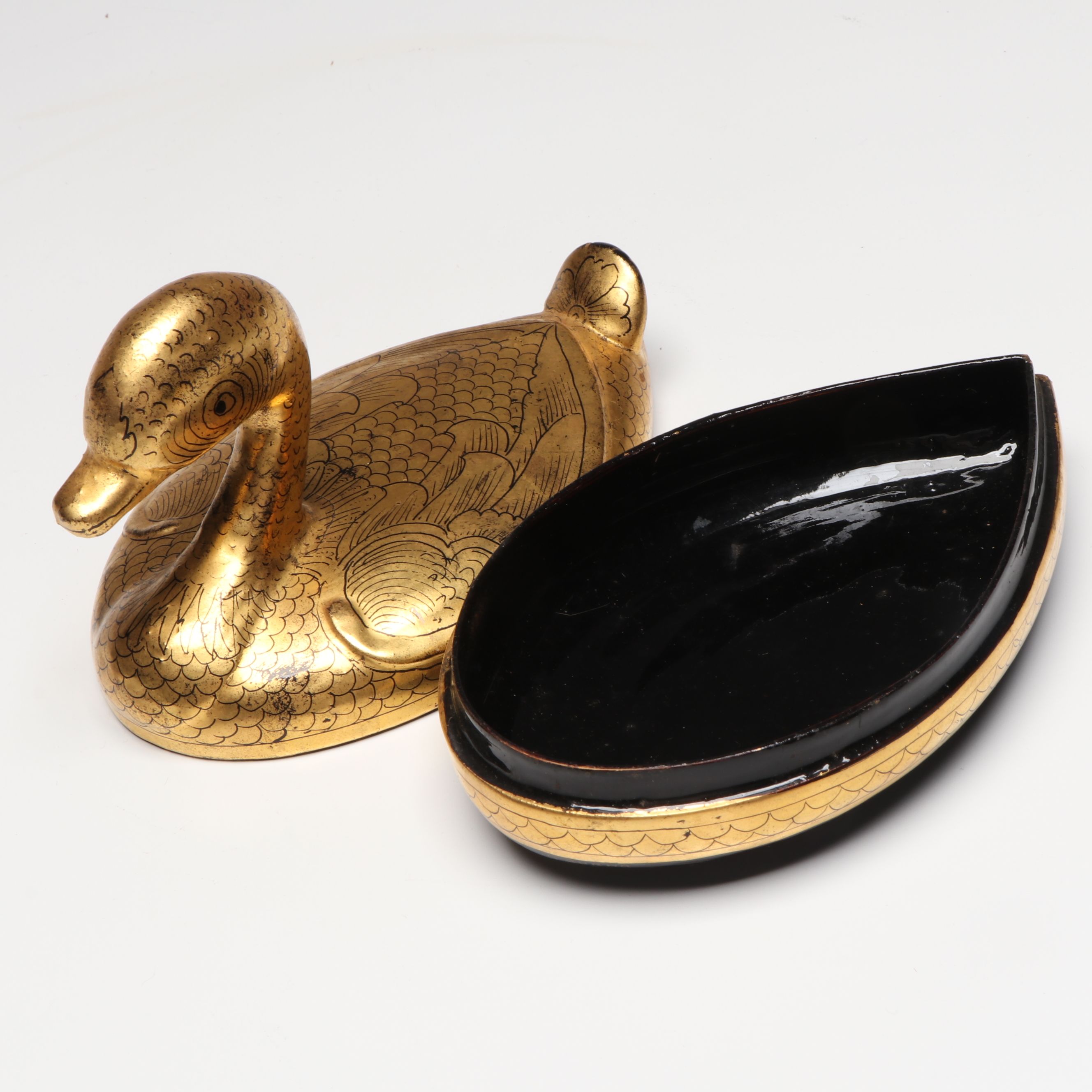 Burmese Gilt Lacquerware Duck Boxes and Owl Jar