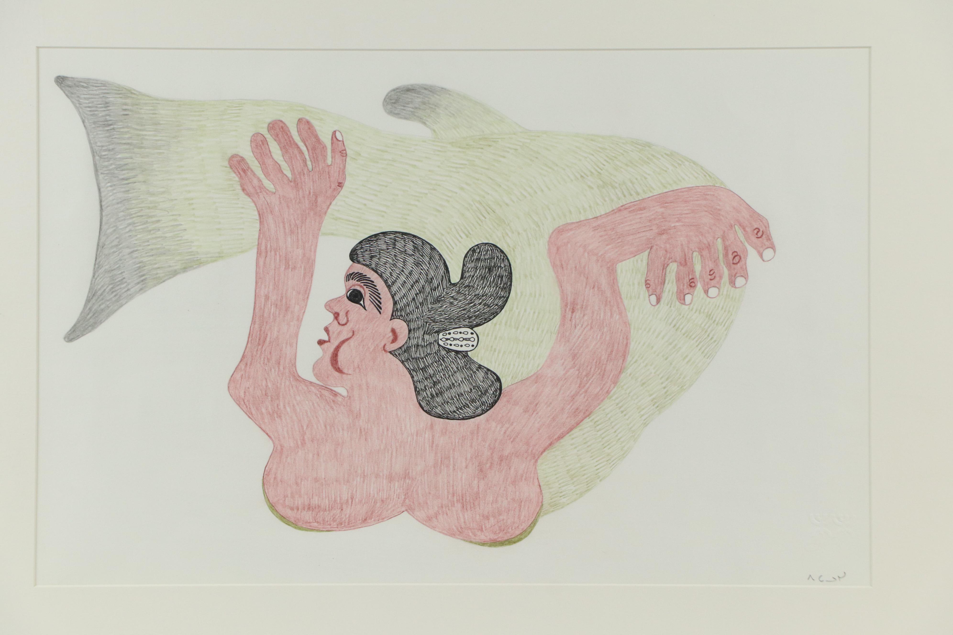 Pitaloosie Saila Symbolist Lithograph of Figure and Fish