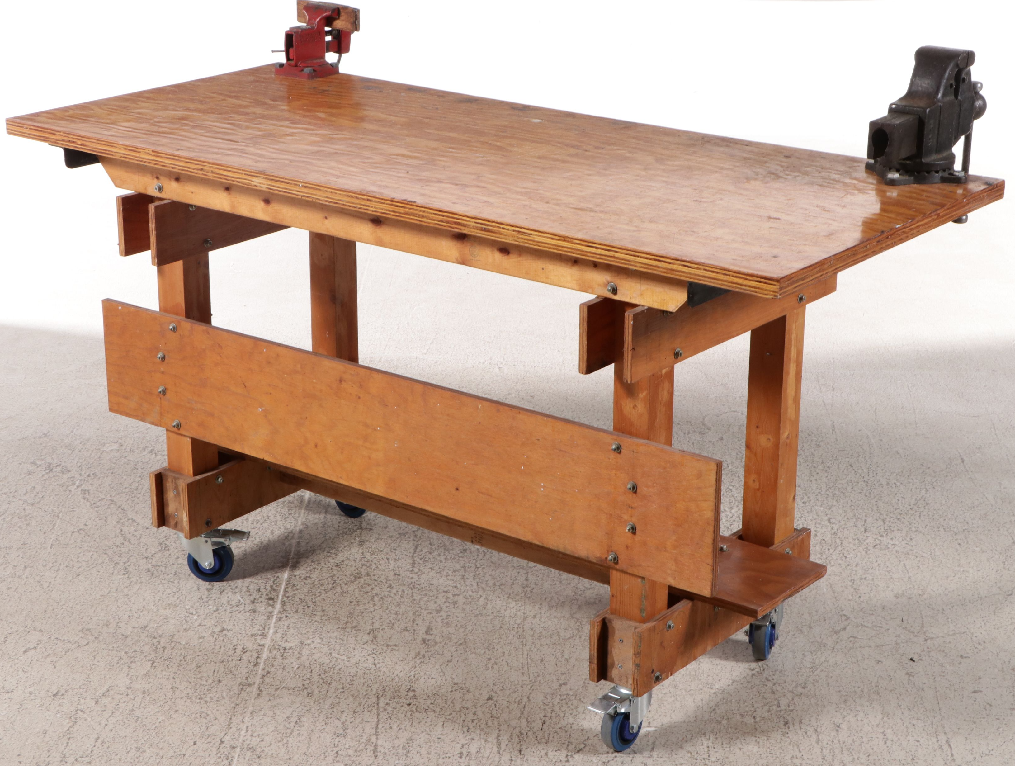 Wood Work Bench on Wheels with Attached Vices