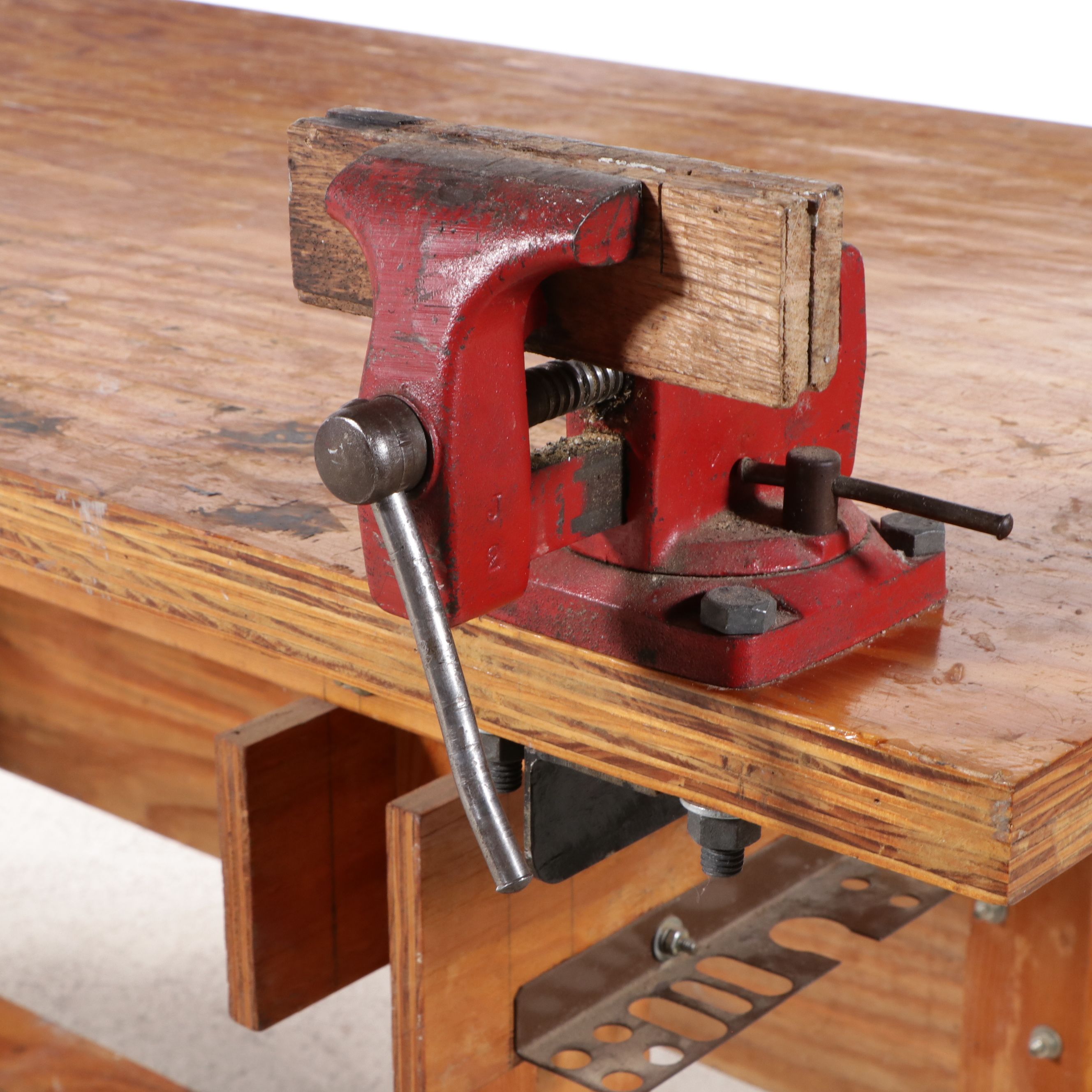 Wood Work Bench on Wheels with Attached Vices