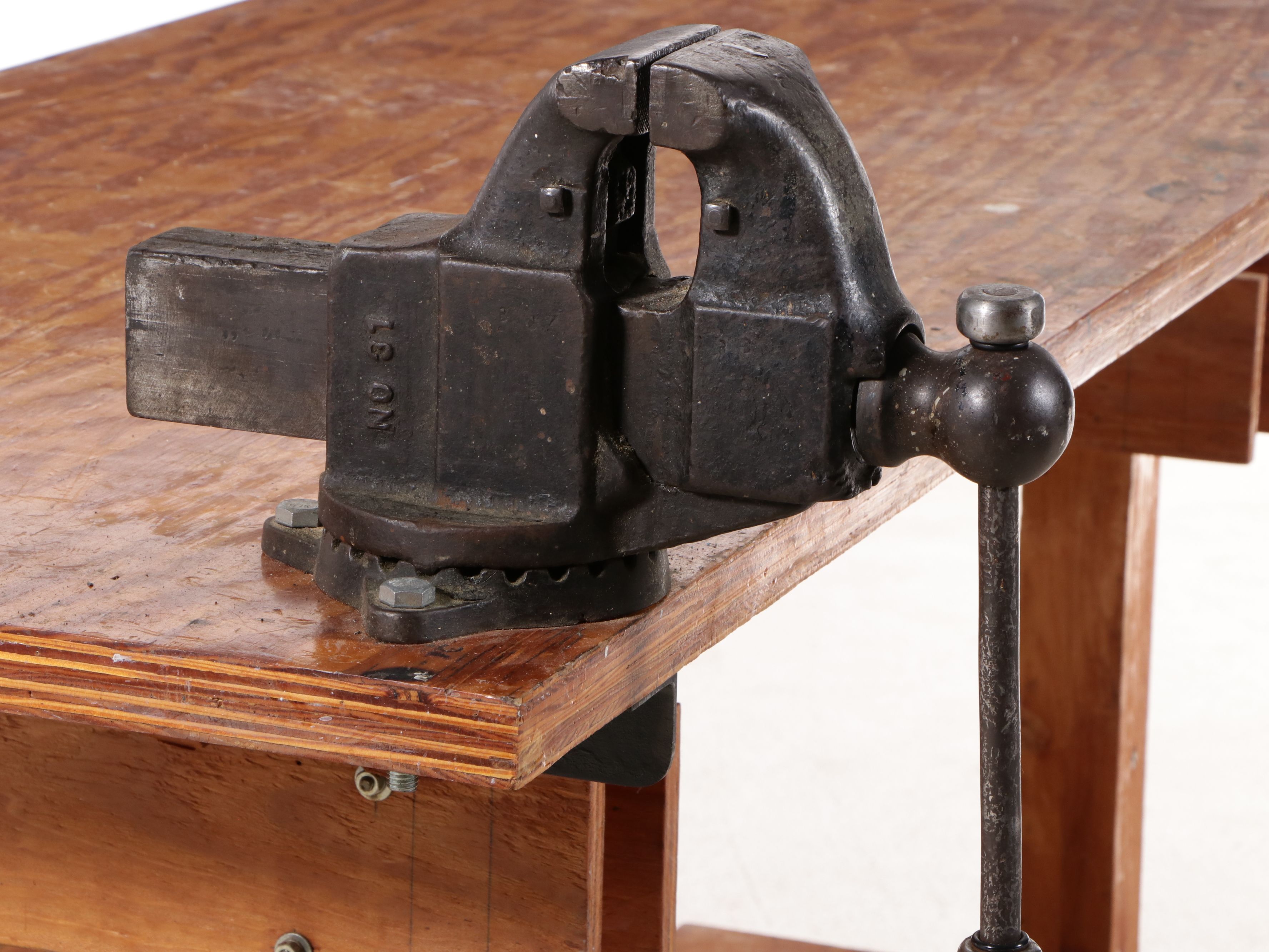 Wood Work Bench on Wheels with Attached Vices