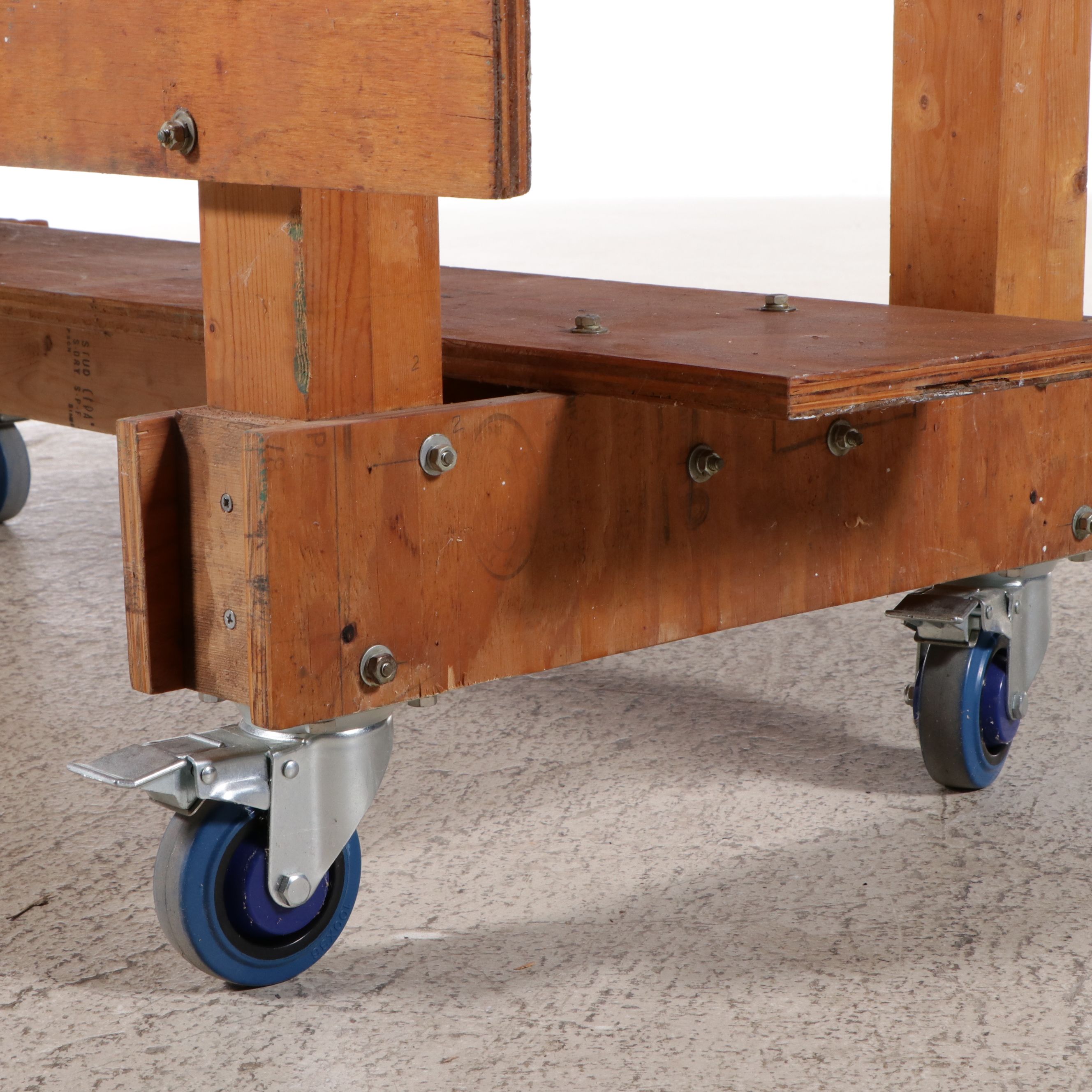 Wood Work Bench on Wheels with Attached Vices