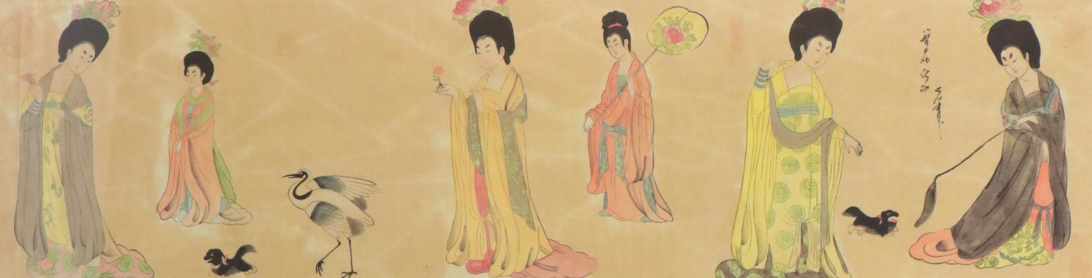 Chinese School Gouache Painting of Women in Hanfu Garments