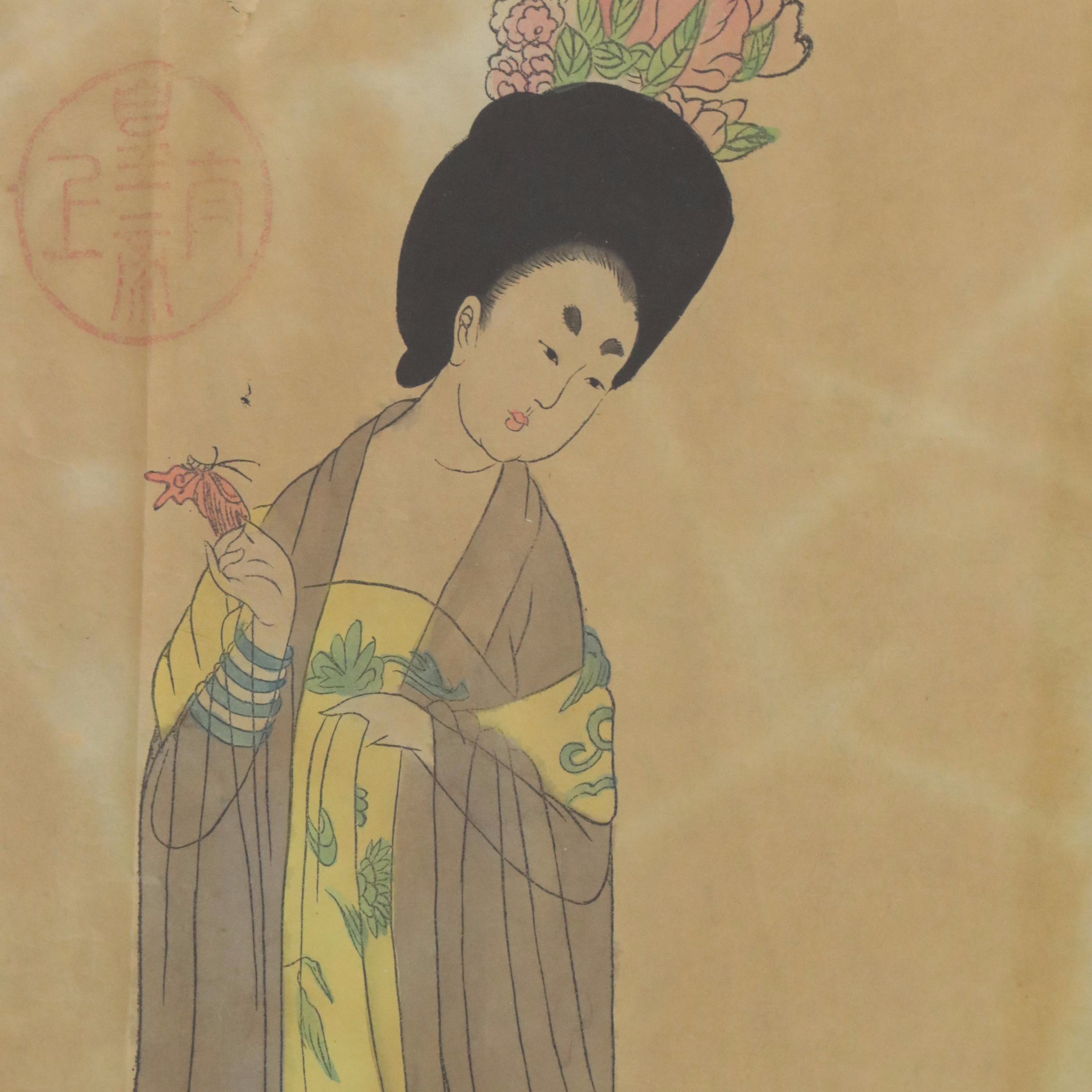 Chinese School Gouache Painting of Women in Hanfu Garments