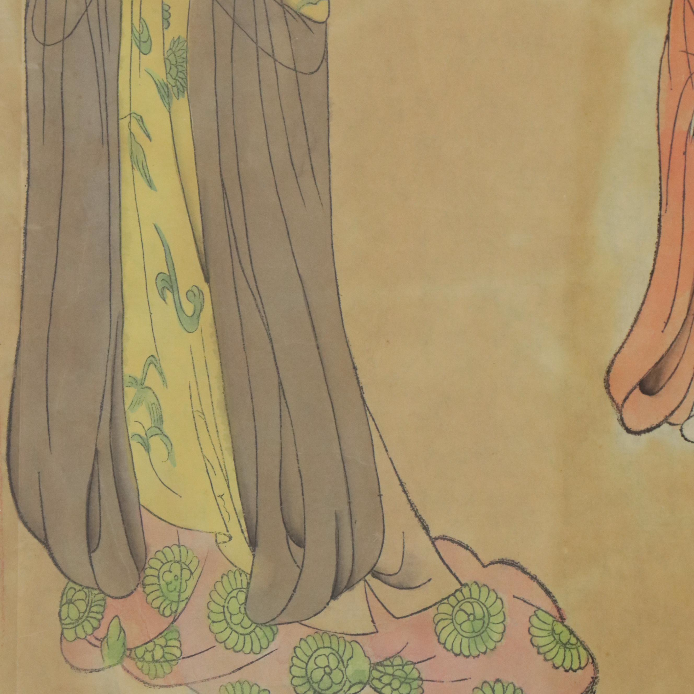 Chinese School Gouache Painting of Women in Hanfu Garments