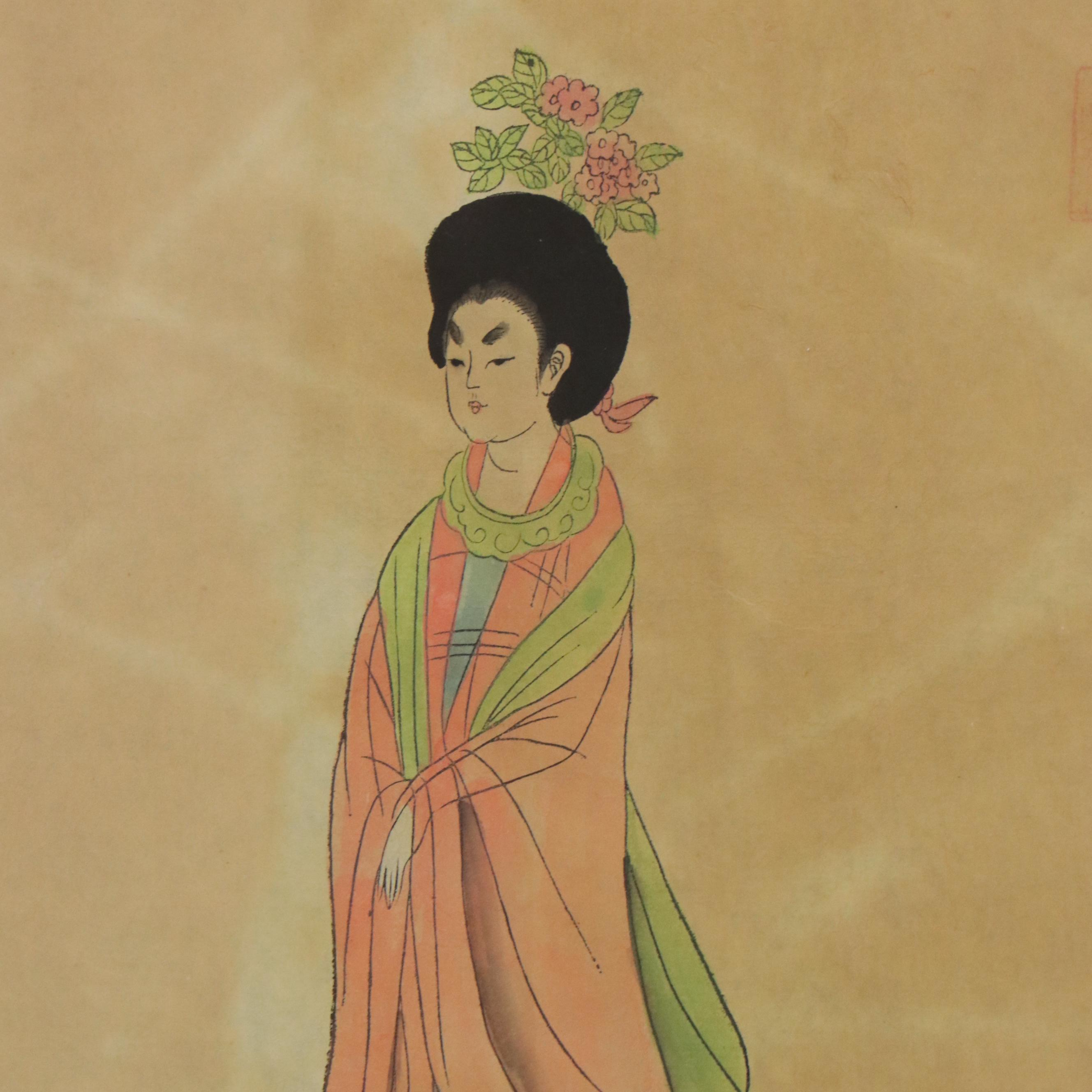 Chinese School Gouache Painting of Women in Hanfu Garments