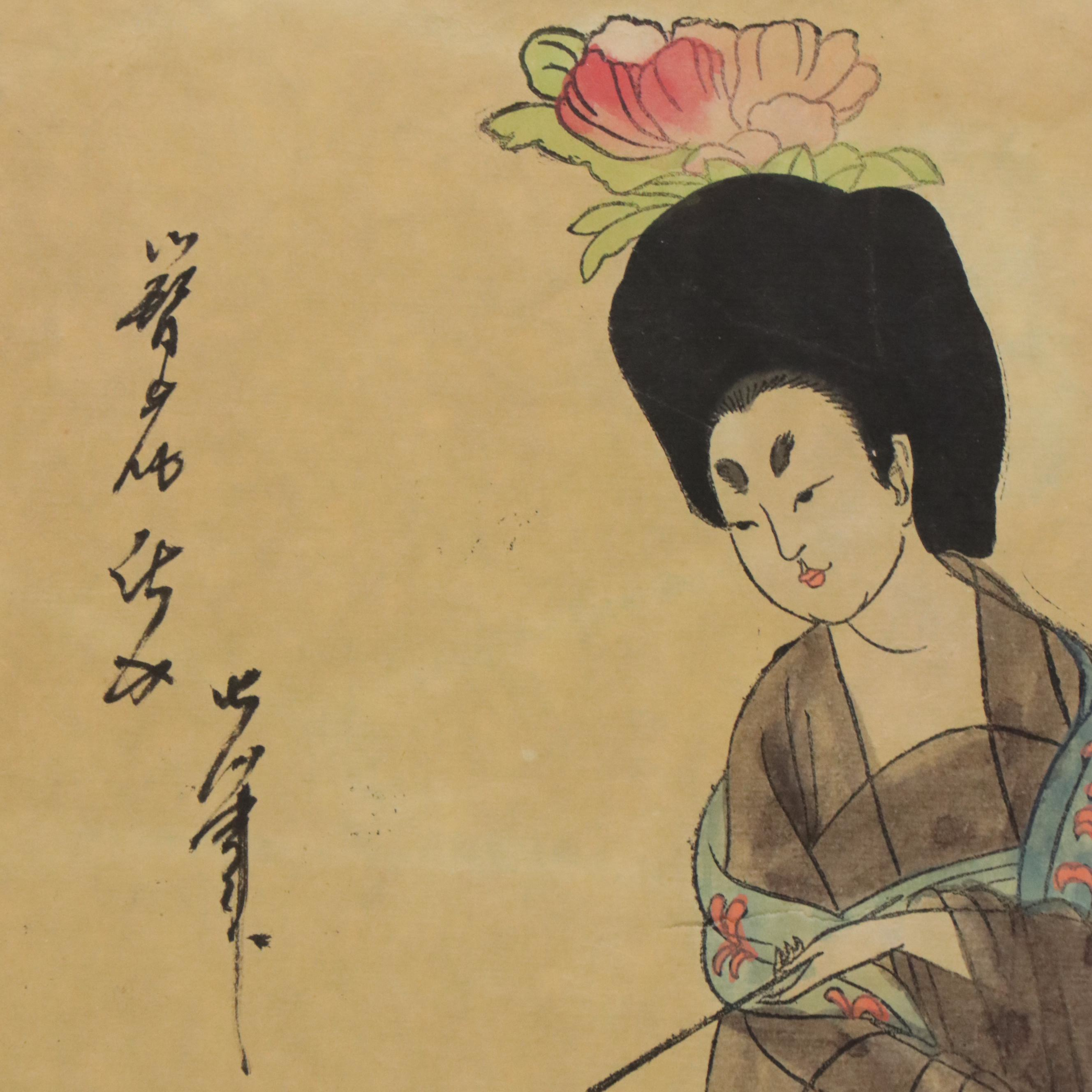 Chinese School Gouache Painting of Women in Hanfu Garments