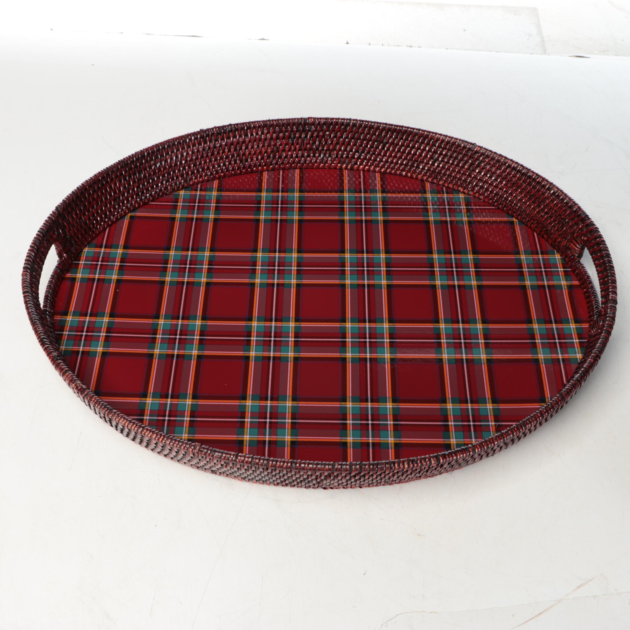 MacKenzie-Childs Tartan Bow Pillow and Large Oval Wicker Serving Tray