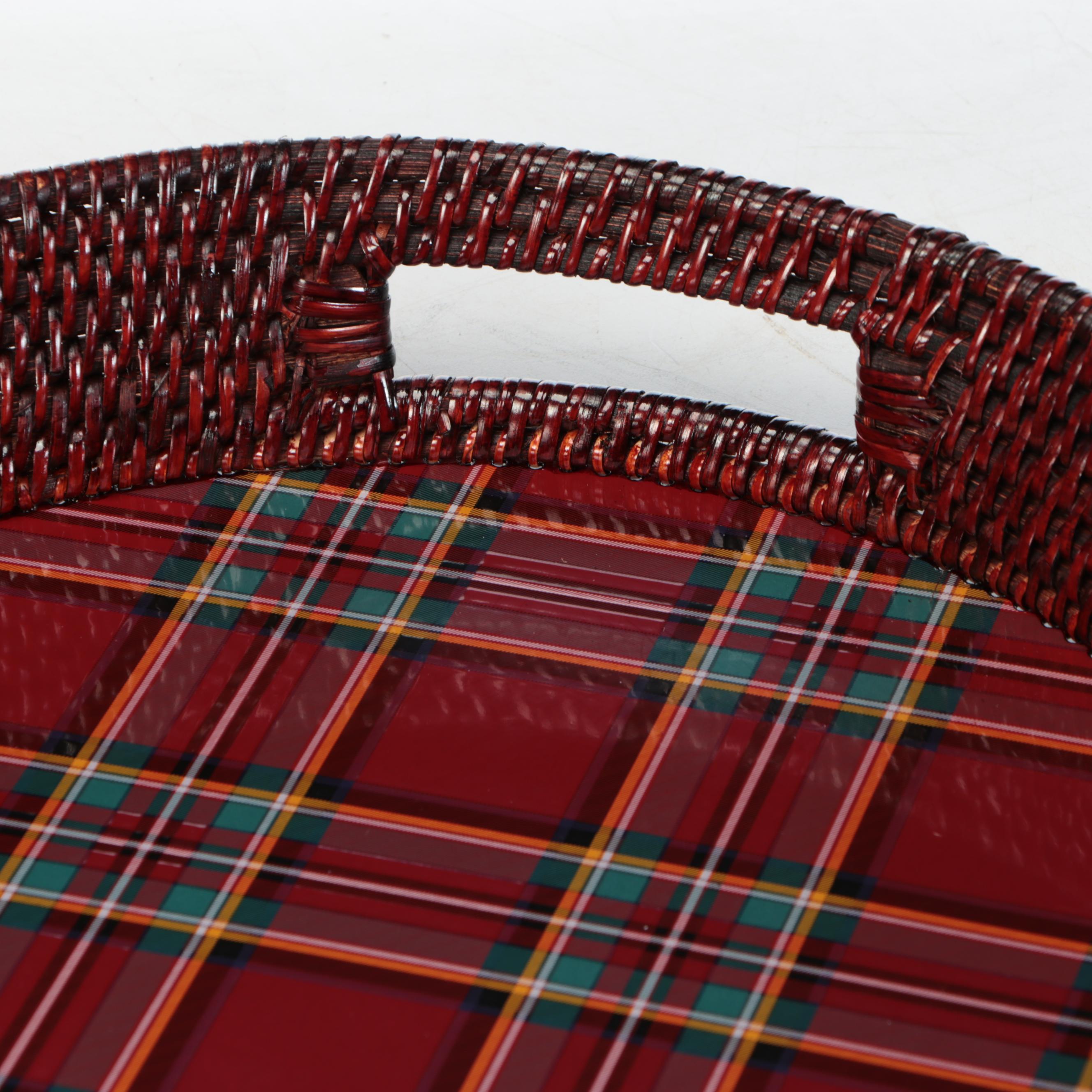 MacKenzie-Childs Tartan Bow Pillow and Large Oval Wicker Serving Tray