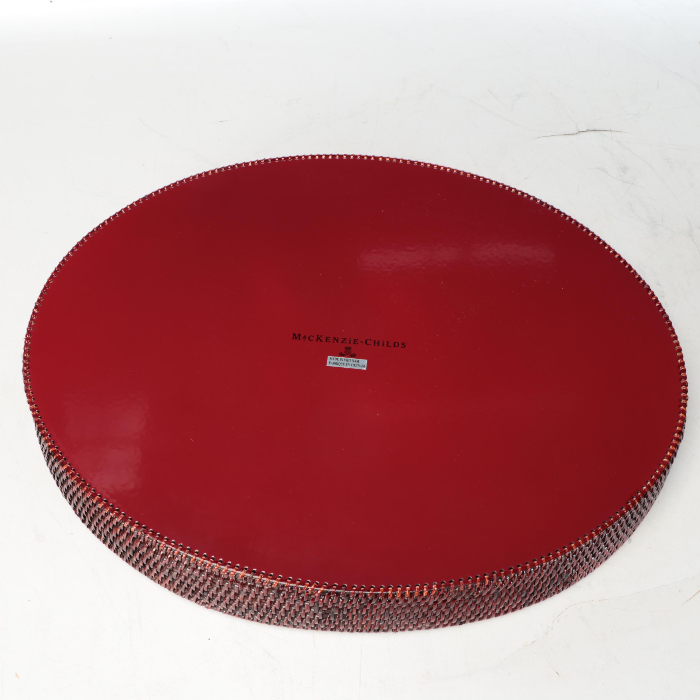 MacKenzie-Childs Tartan Bow Pillow and Large Oval Wicker Serving Tray