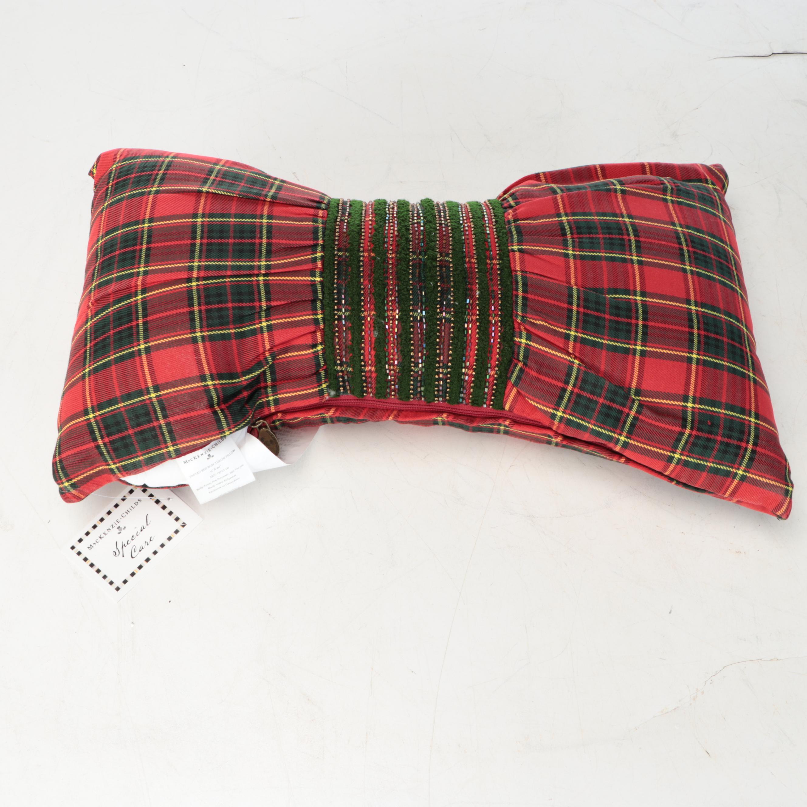 MacKenzie-Childs Tartan Bow Pillow and Large Oval Wicker Serving Tray