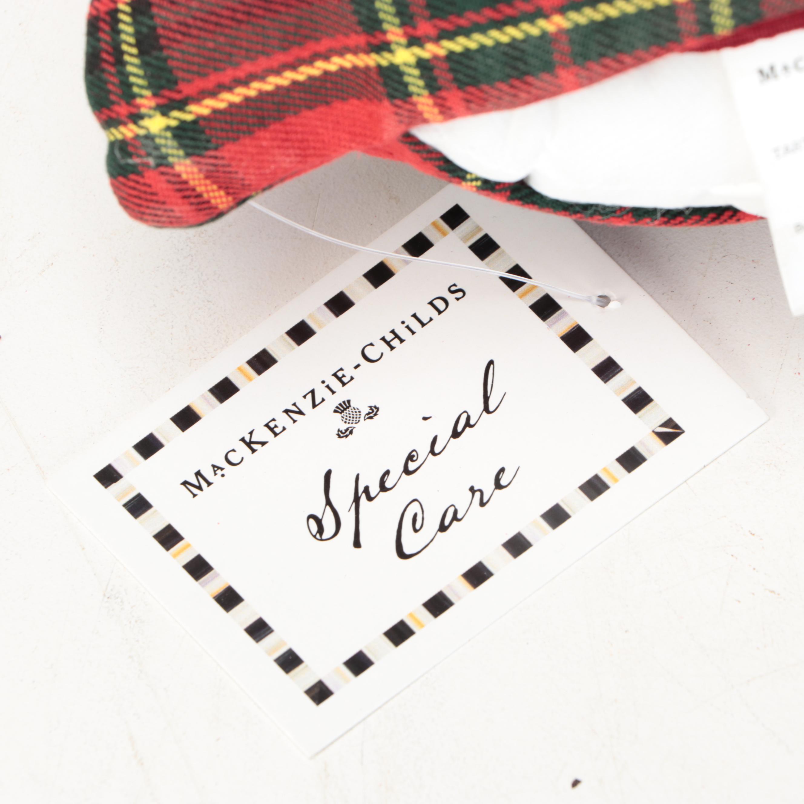 MacKenzie-Childs Tartan Bow Pillow and Large Oval Wicker Serving Tray