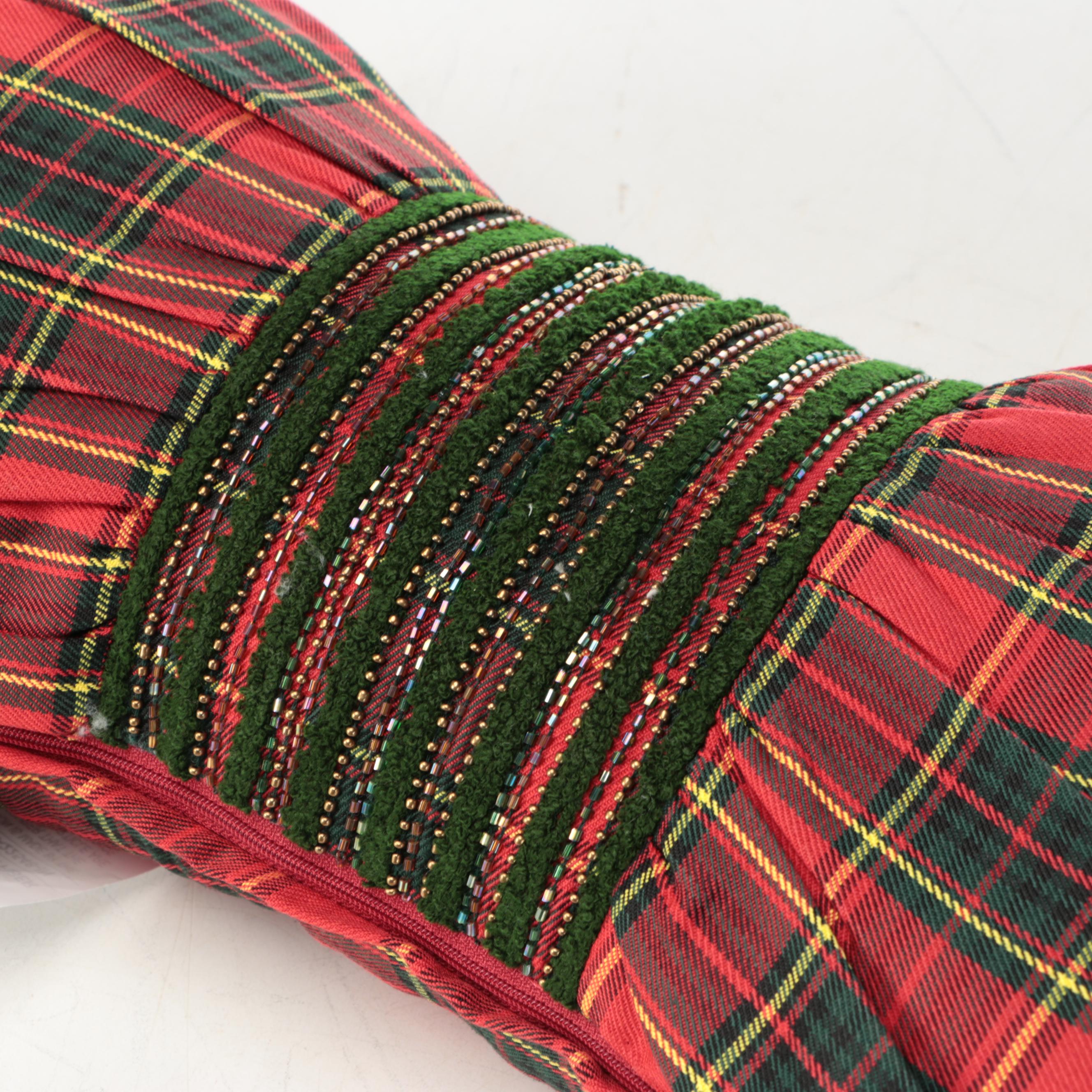 MacKenzie-Childs Tartan Bow Pillow and Large Oval Wicker Serving Tray