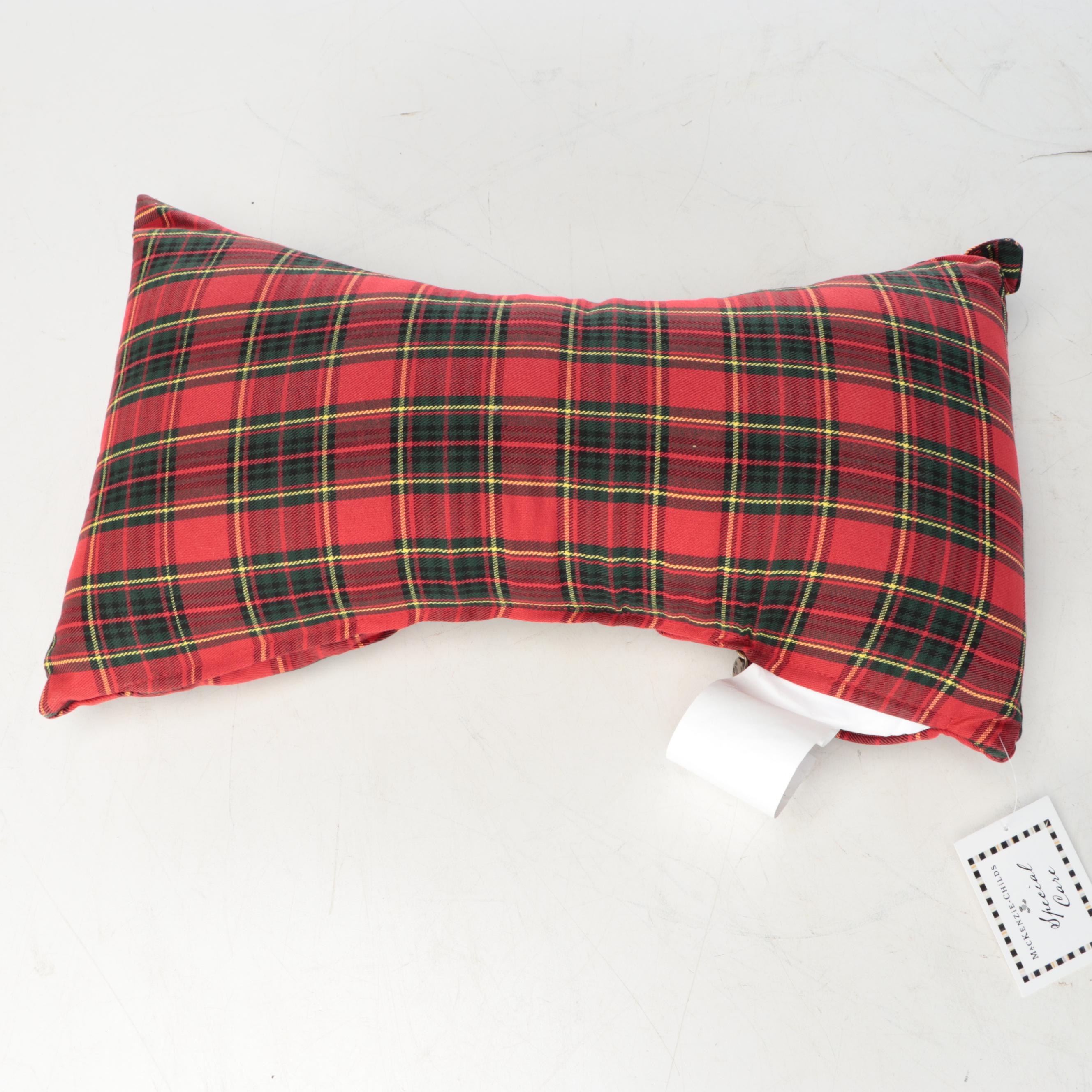 MacKenzie-Childs Tartan Bow Pillow and Large Oval Wicker Serving Tray
