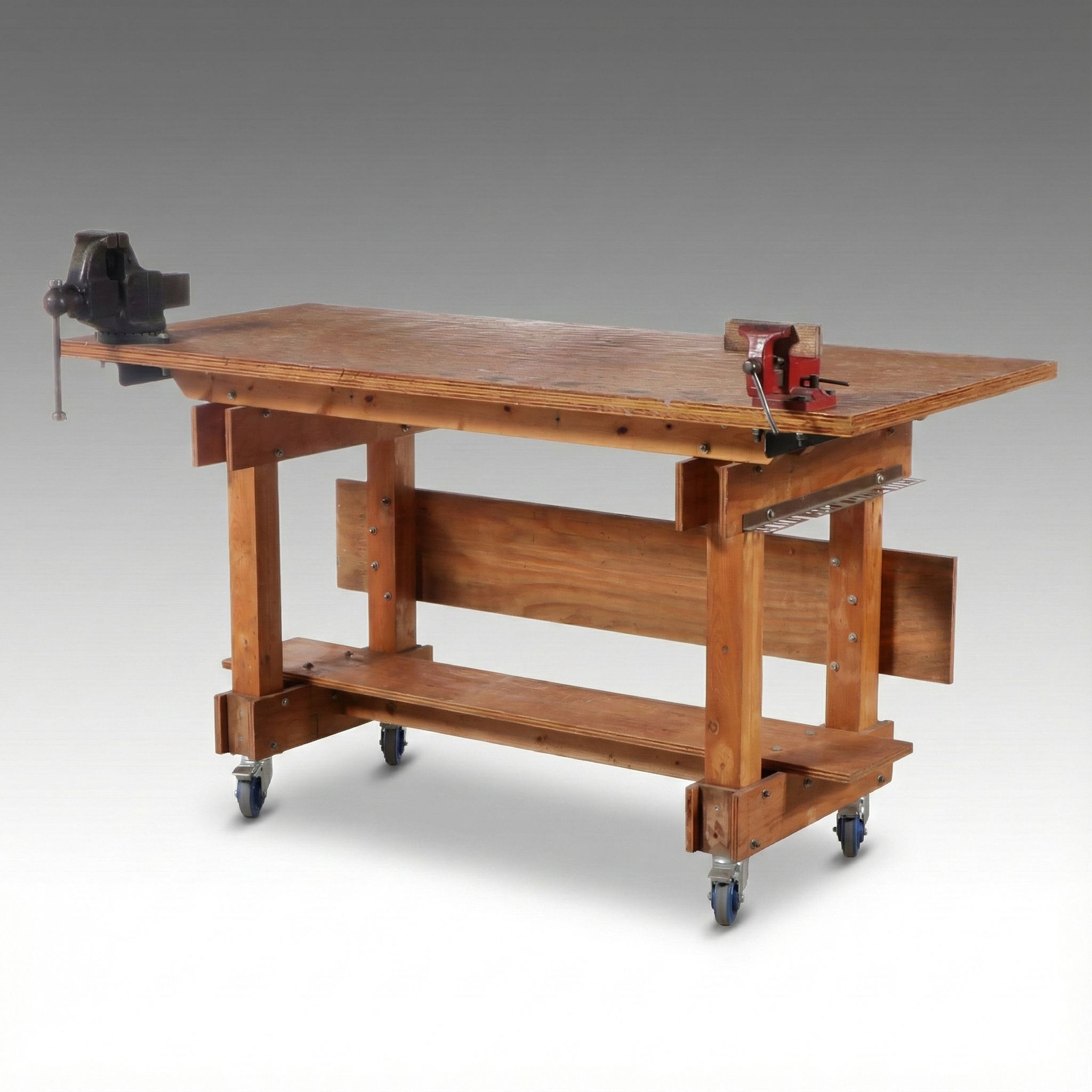 Wood Work Bench on Wheels with Attached Vices