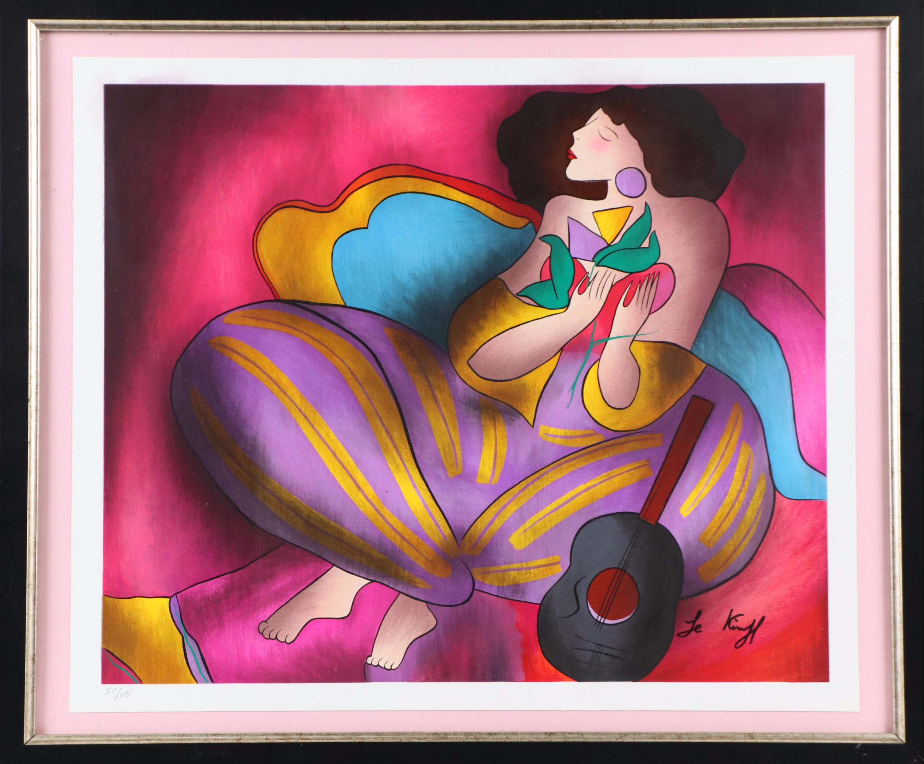 Linda Le Kinff Serigraph "Woman with Guitar & Flower"