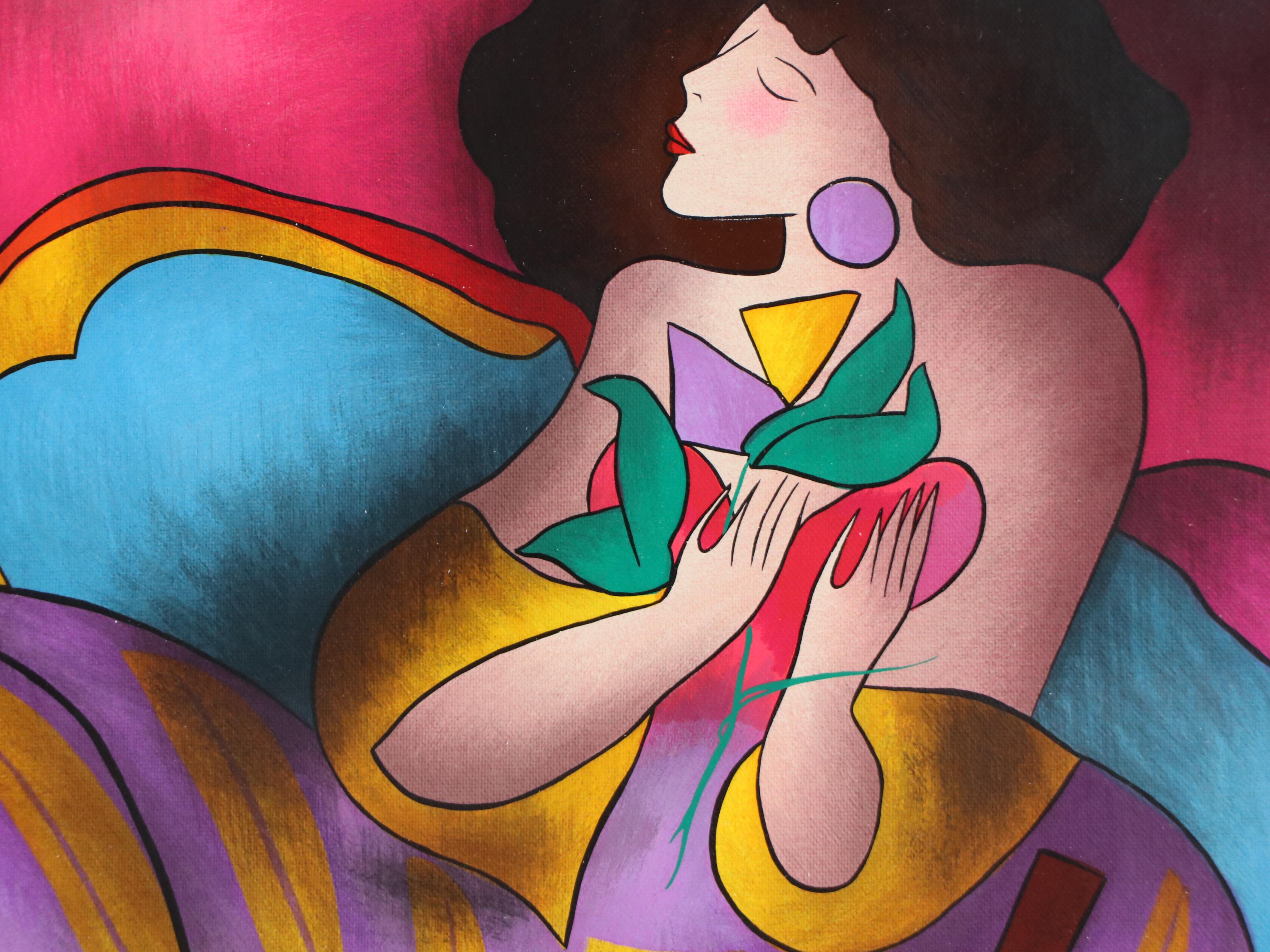 Linda Le Kinff Serigraph "Woman with Guitar & Flower"