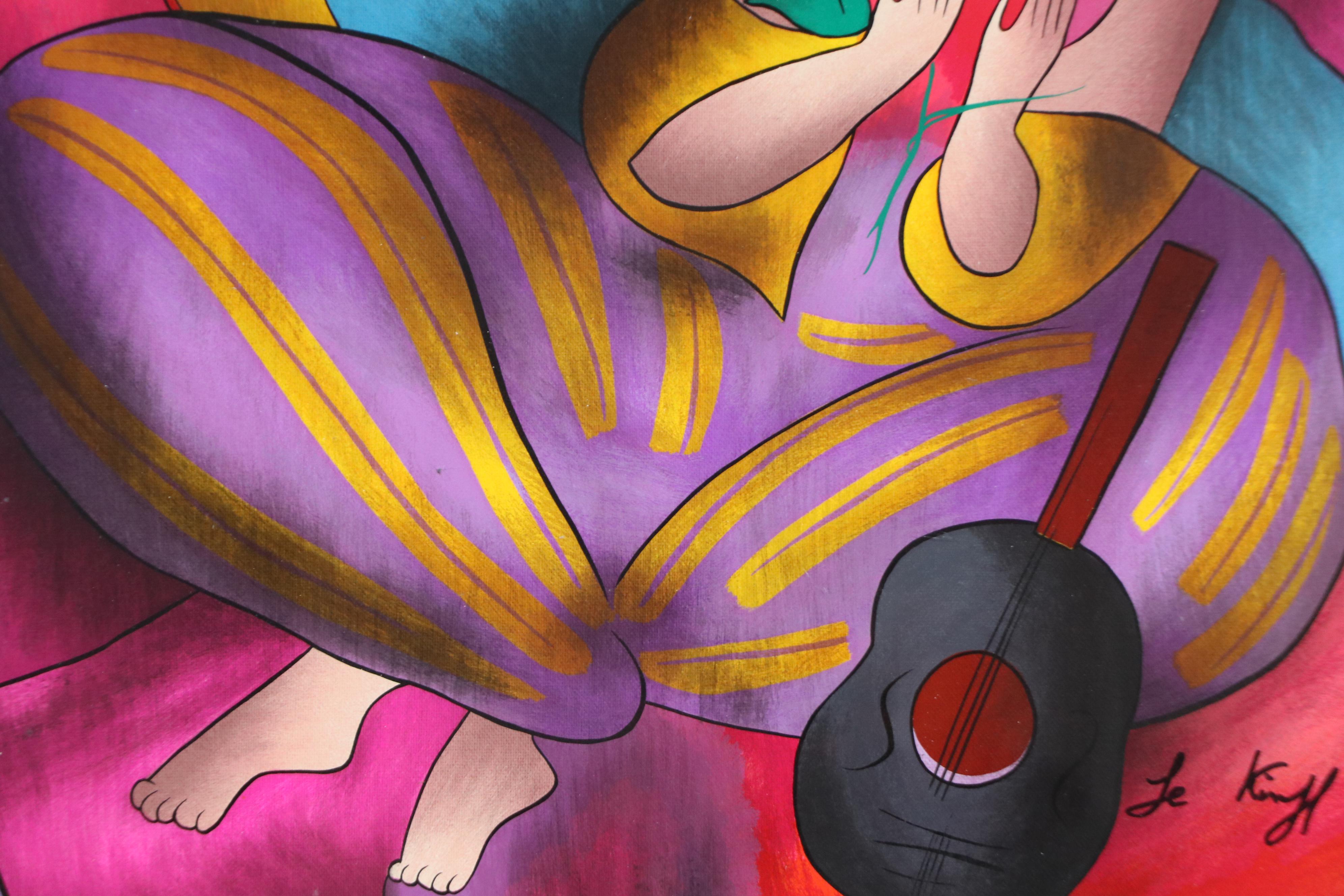 Linda Le Kinff Serigraph "Woman with Guitar & Flower"