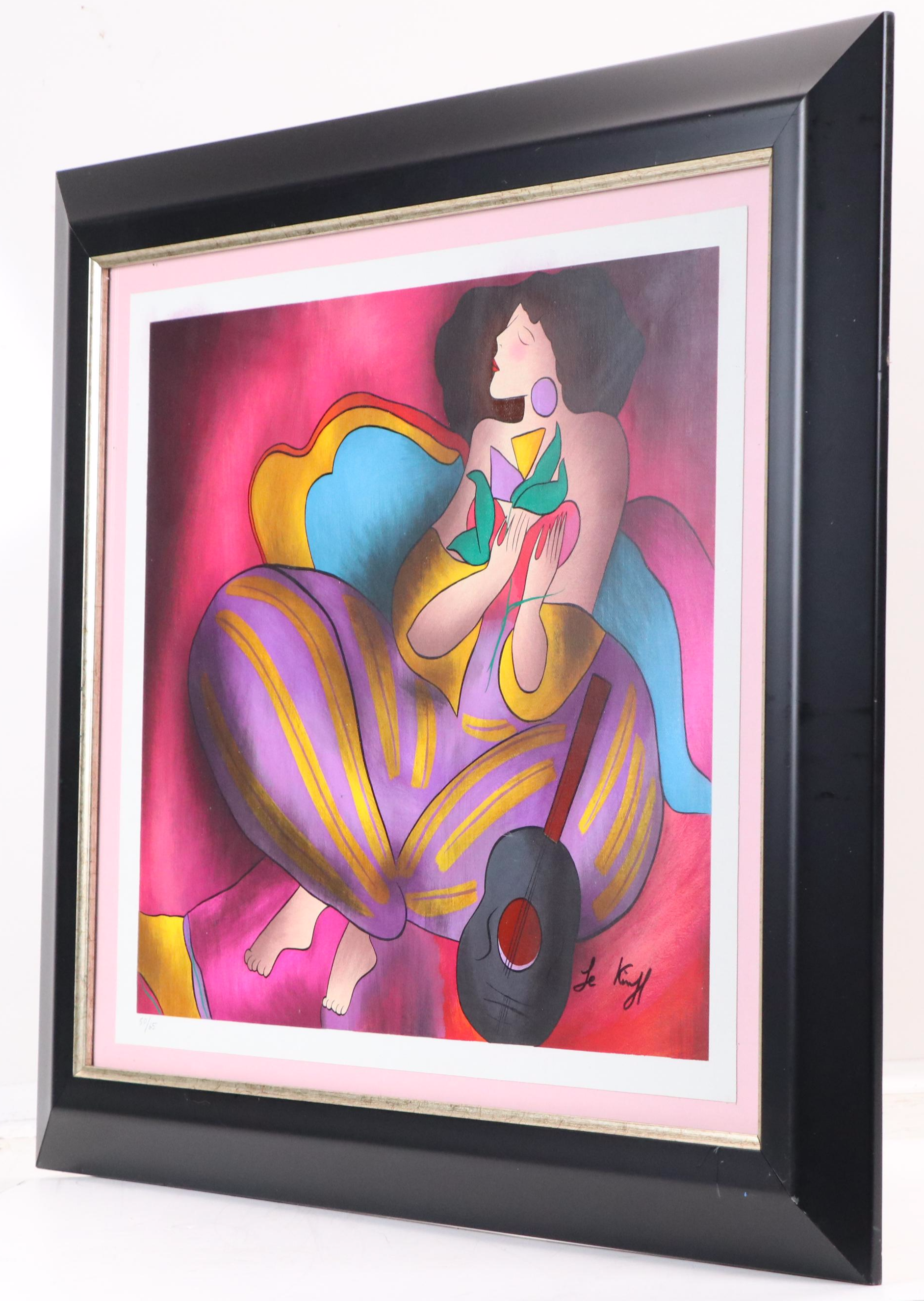 Linda Le Kinff Serigraph "Woman with Guitar & Flower"