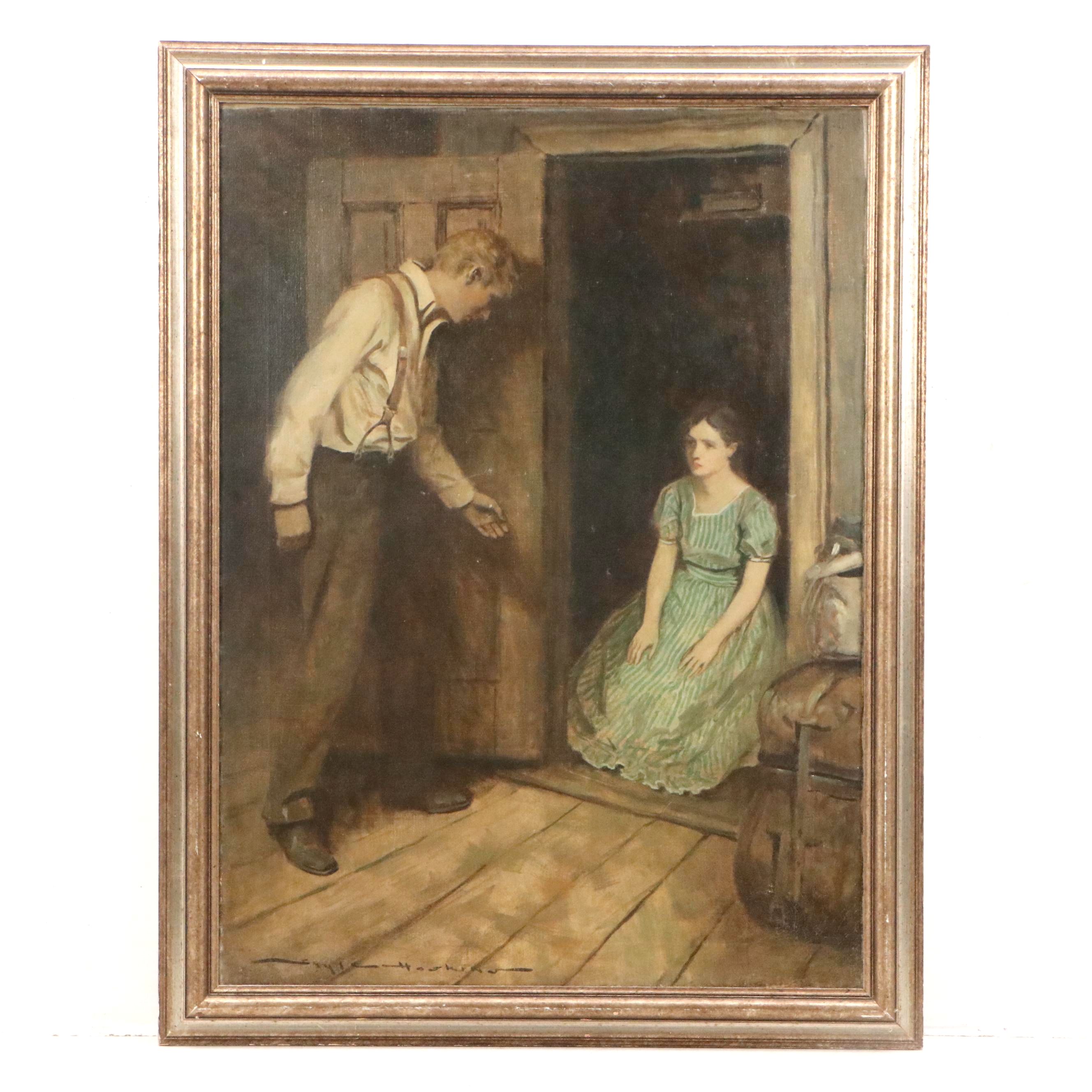 Gayle Hoskins Genre Oil Painting of Boy and Girl, 20th Century