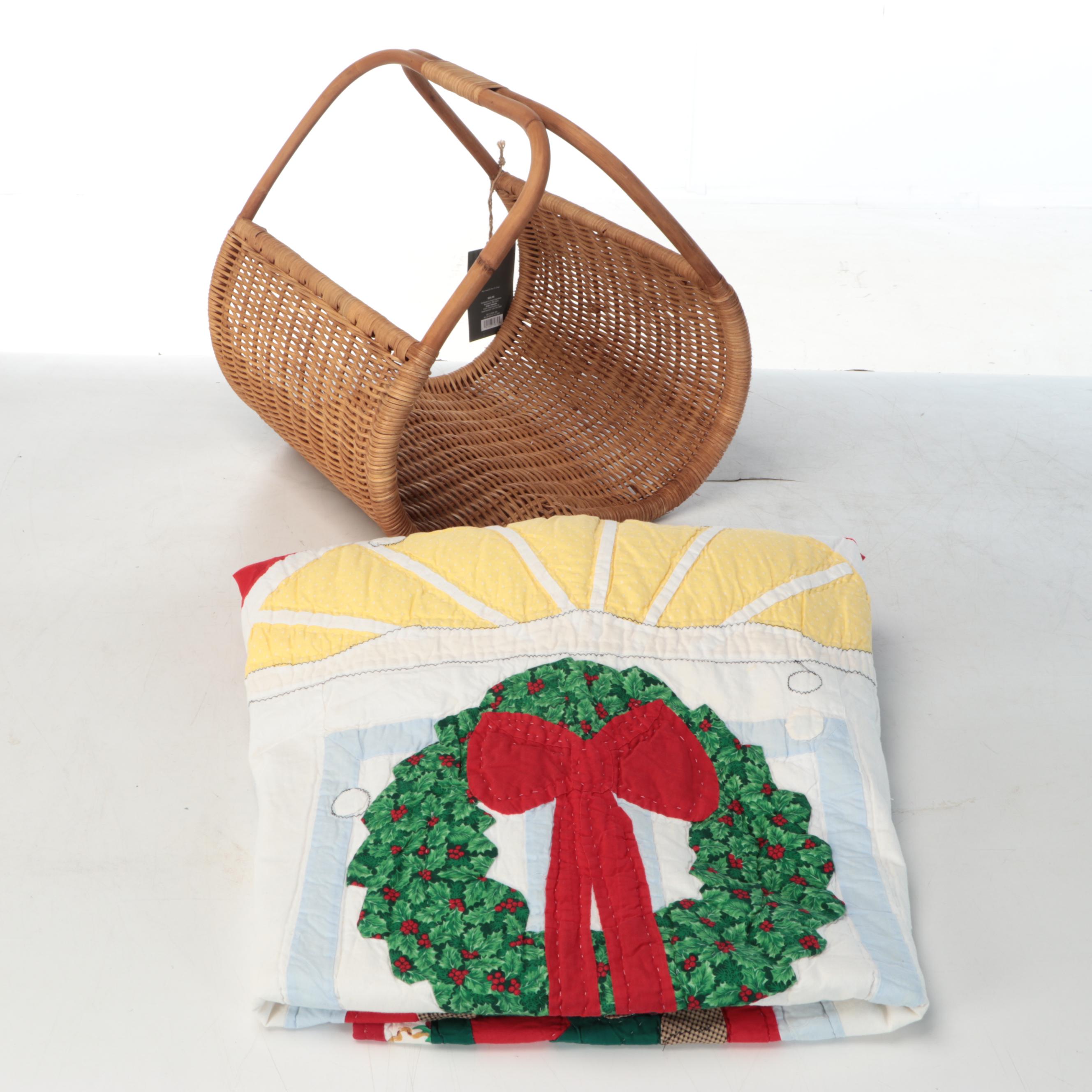 Contemporary Woven Rattan Magazine Rack with Handmade Christmas Quilt