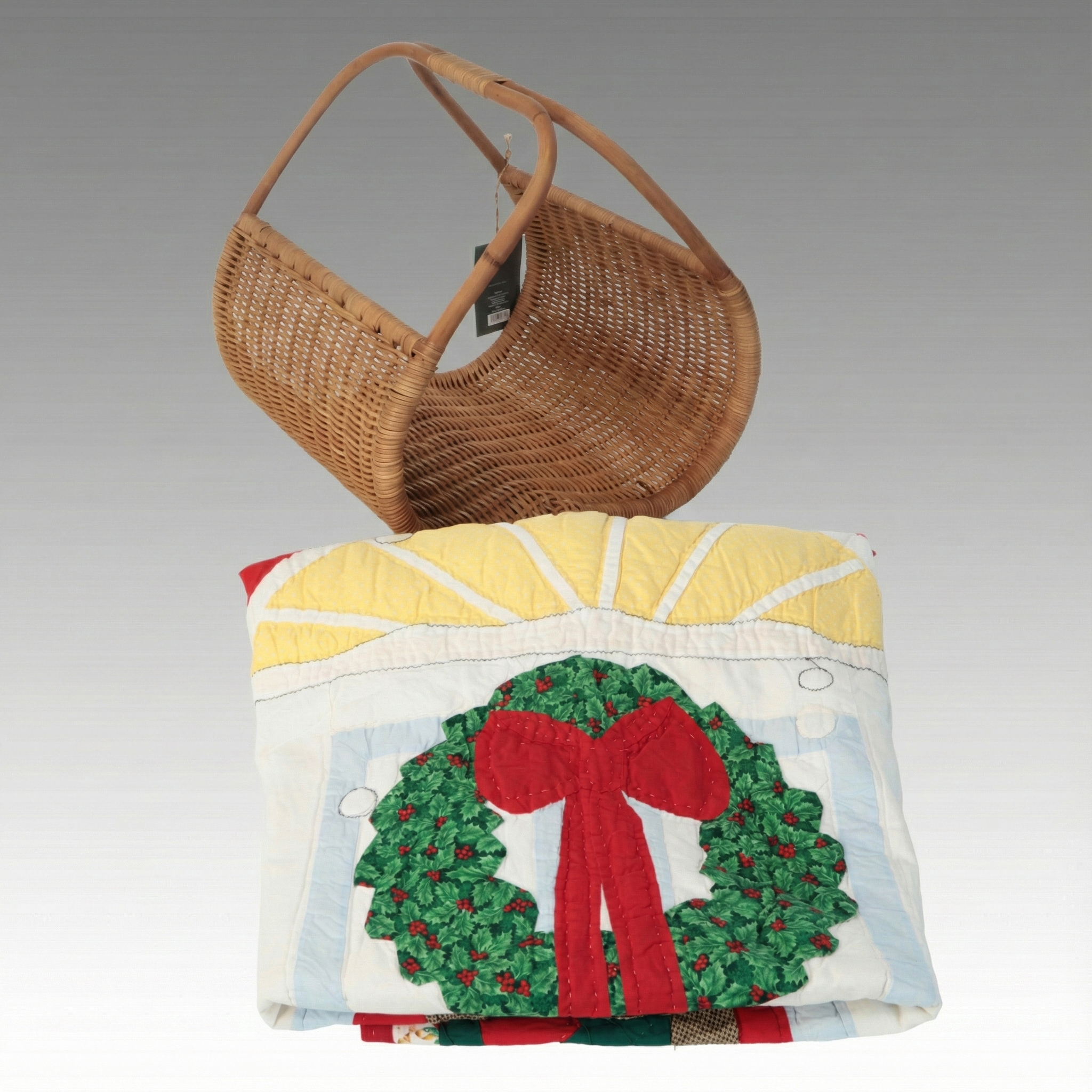 Contemporary Woven Rattan Magazine Rack with Handmade Christmas Quilt